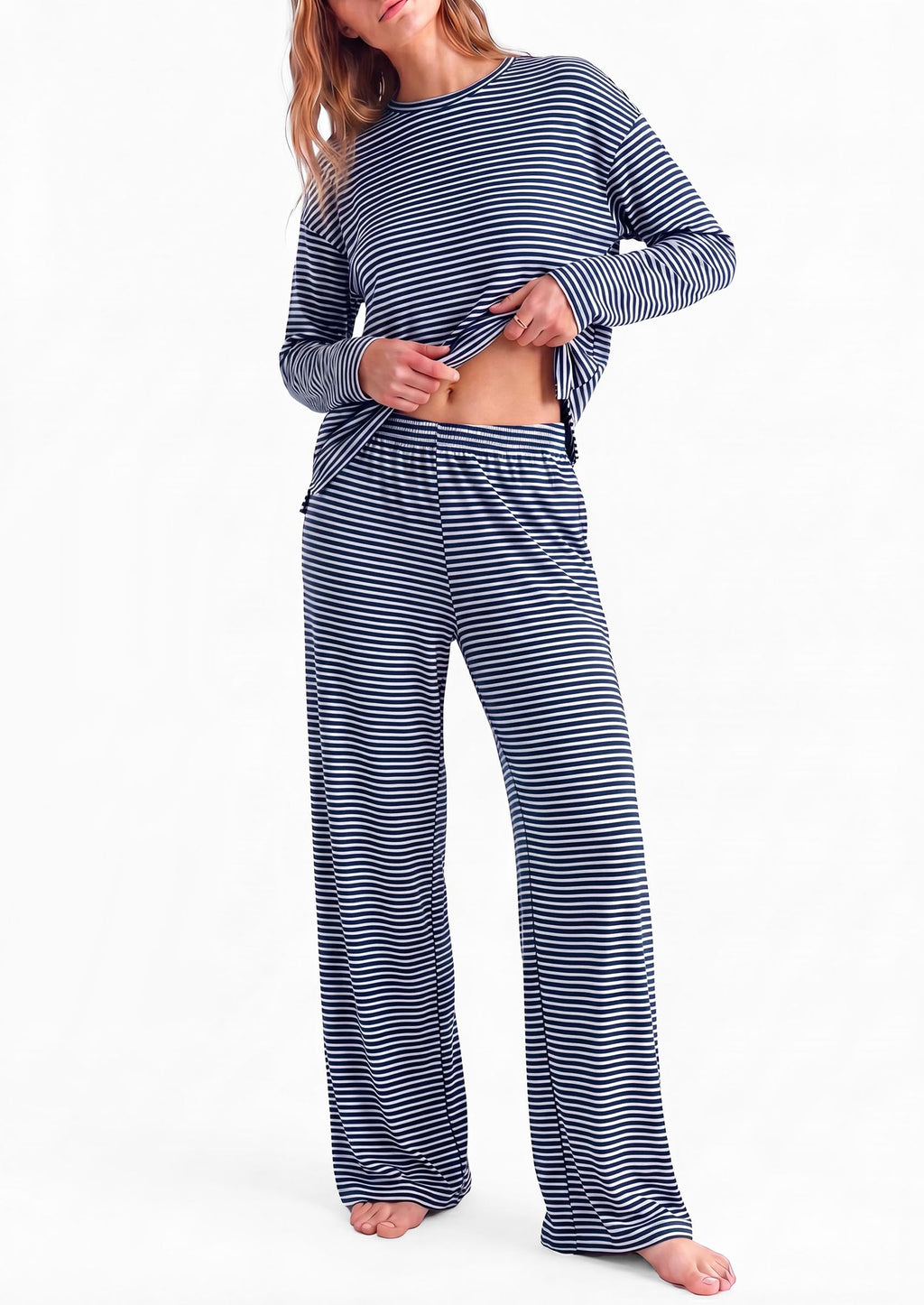 PRETTYGARDEN Womens Striped Lounge Set Fall Winter 2 Piece Sets Side Slit Long Sleeve T-Shirts & Wide Leg Pants, Matching Pajama Sets, Comfy Pj Set, Loungewear with Pockets, Fashion Clothes