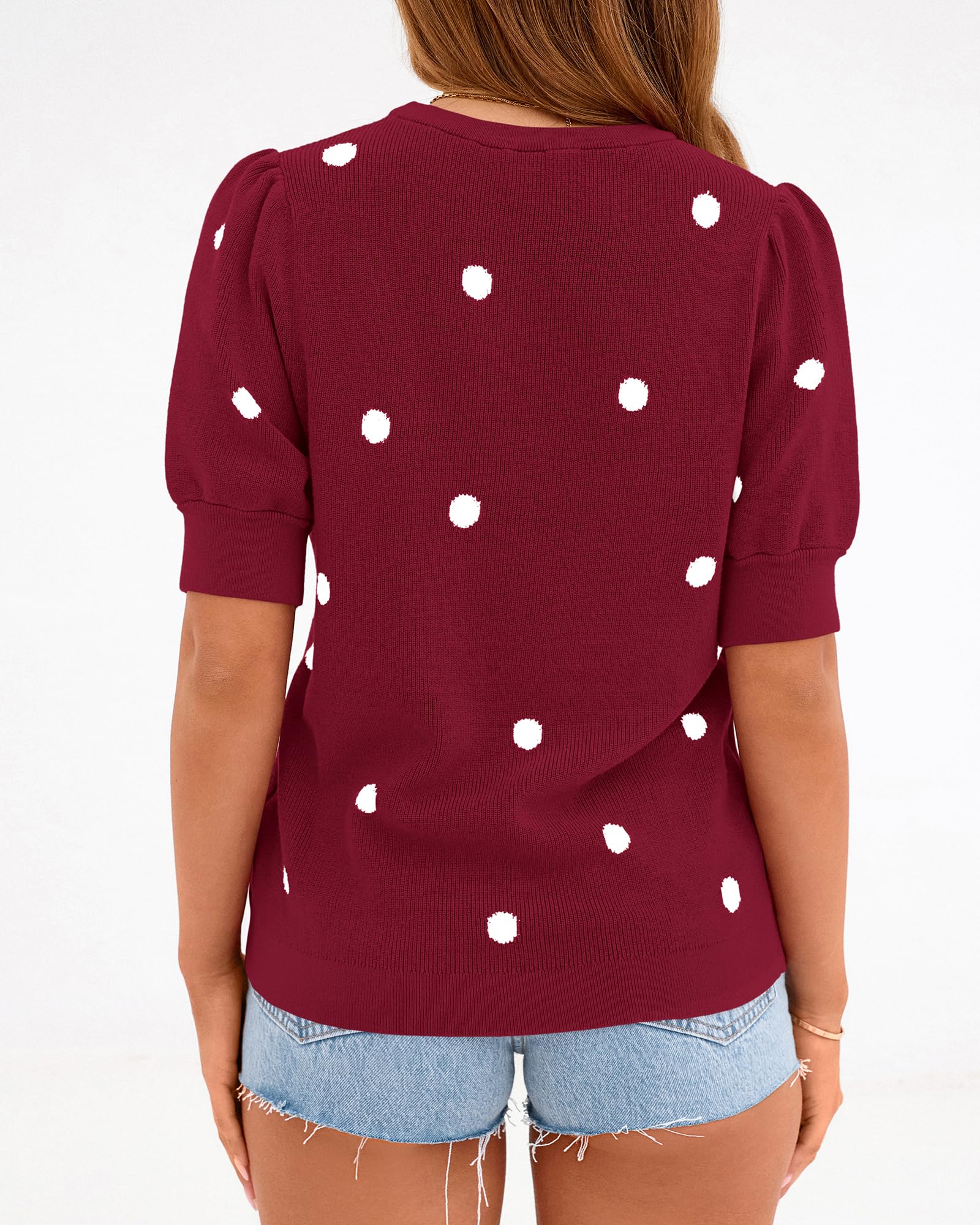 BTFBM Womens Sweaters Polka Dot Short Sleeve Sweater for Women Crew Neck Knit Summer Tops Business Dressy Casual Blouses