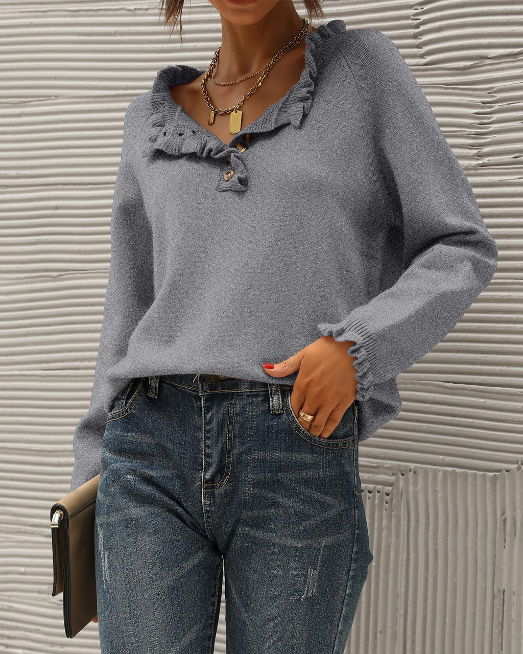 FreshPretty Womens Sweaters Fall Winter Clothes Long Sleeve Button Down Ruffle Crew Neck Casual Knitted Pullover Tops