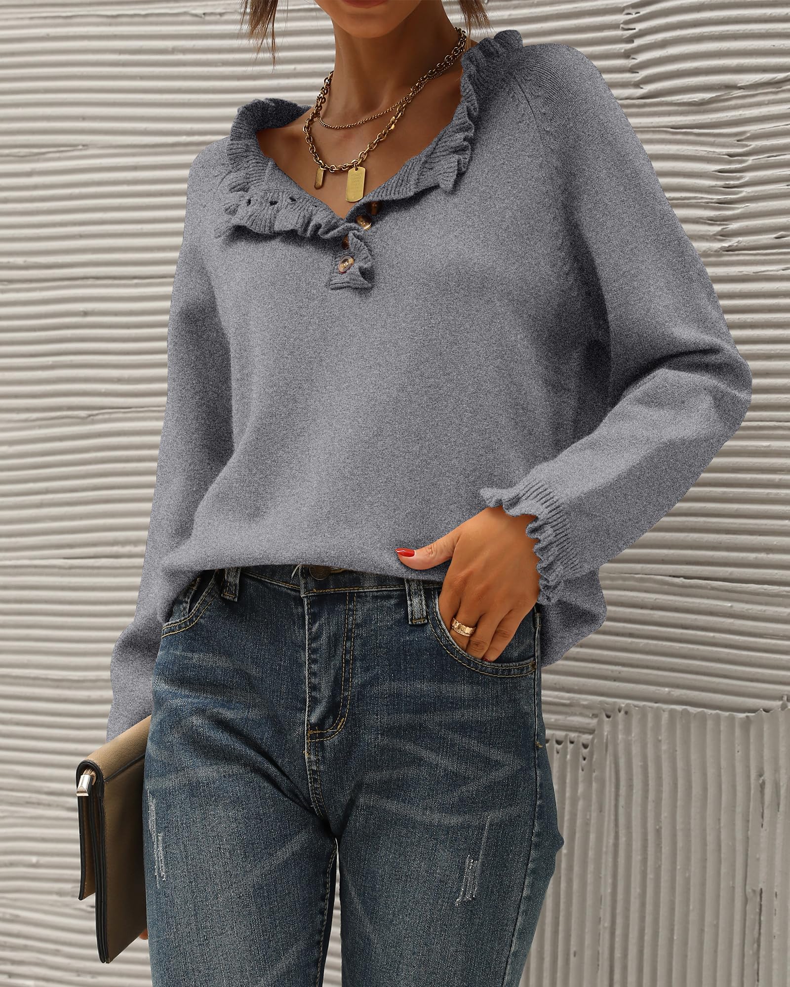 FreshPretty Womens Sweaters Fall Winter Clothes Long Sleeve Button Down Ruffle Crew Neck Casual Knitted Pullover Tops