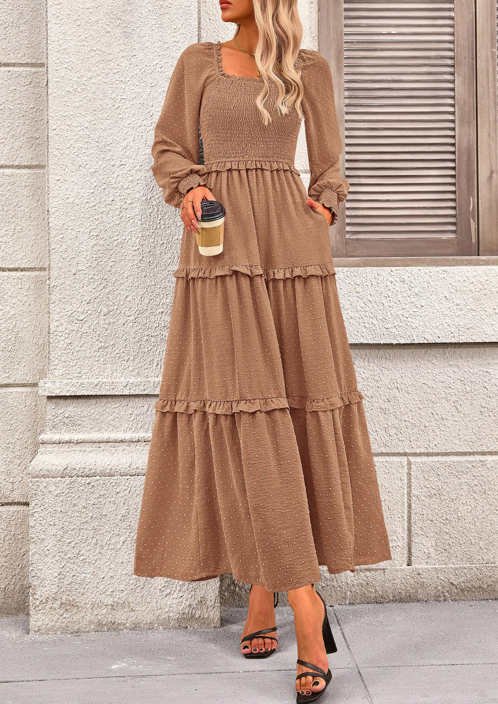 PRETTYGARDEN Fall Dresses for Women Long Sleeve Smocked Square Neck Swiss Dot Tiered Flowy Wedding Guest Maxi Dress