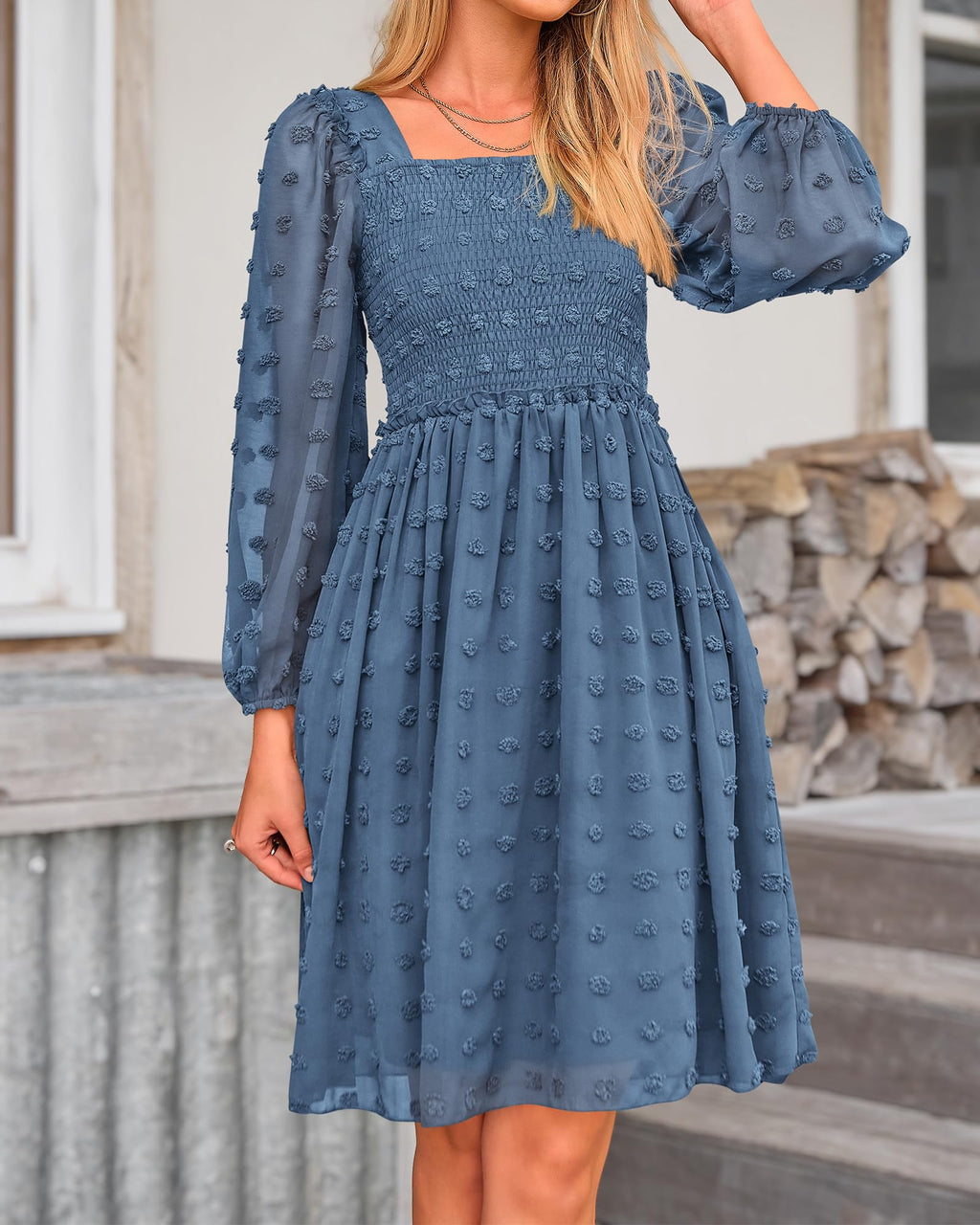 BTFBM Womens Long Sleeve Dress Summer Vacation Square Neck Smocked Floral Mini Boho Spring Wedding Guest Dresses