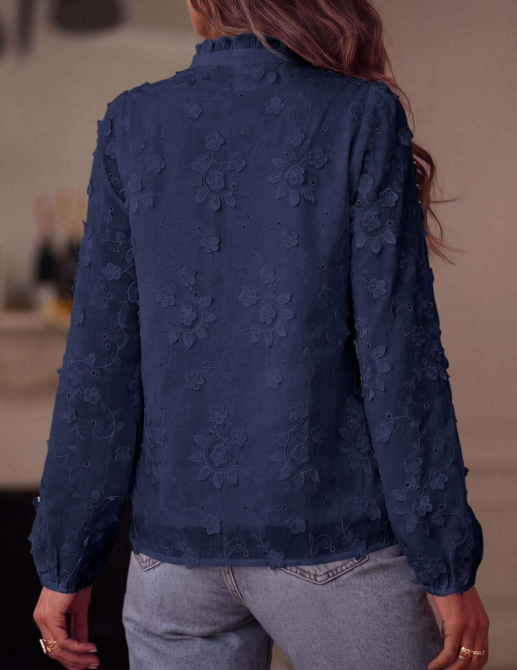 PRETTYGARDEN Women's Floral Embroidered Button Down Shirts | Ladies Dressy Fall Blouses, Long Sleeves, Ruffle Neck, Elegant Boho Eyelet Tops for Work, Business & Spring Casual Outings