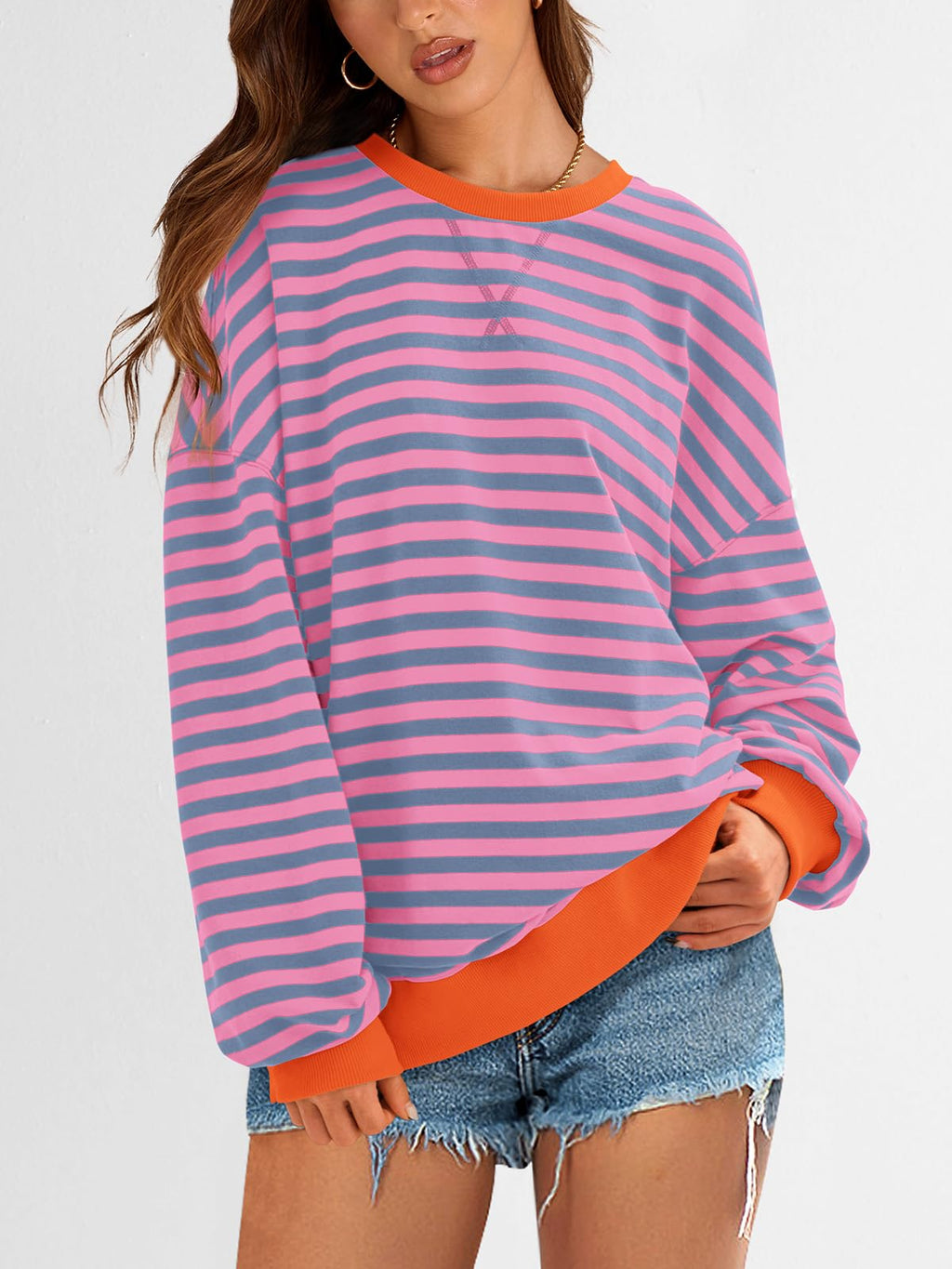 PRETTYGARDEN Womens Striped Oversized Sweatshirt Color Block Crew Neck Long Sleeve Casual Loose Pullover Top Y2K Clothes