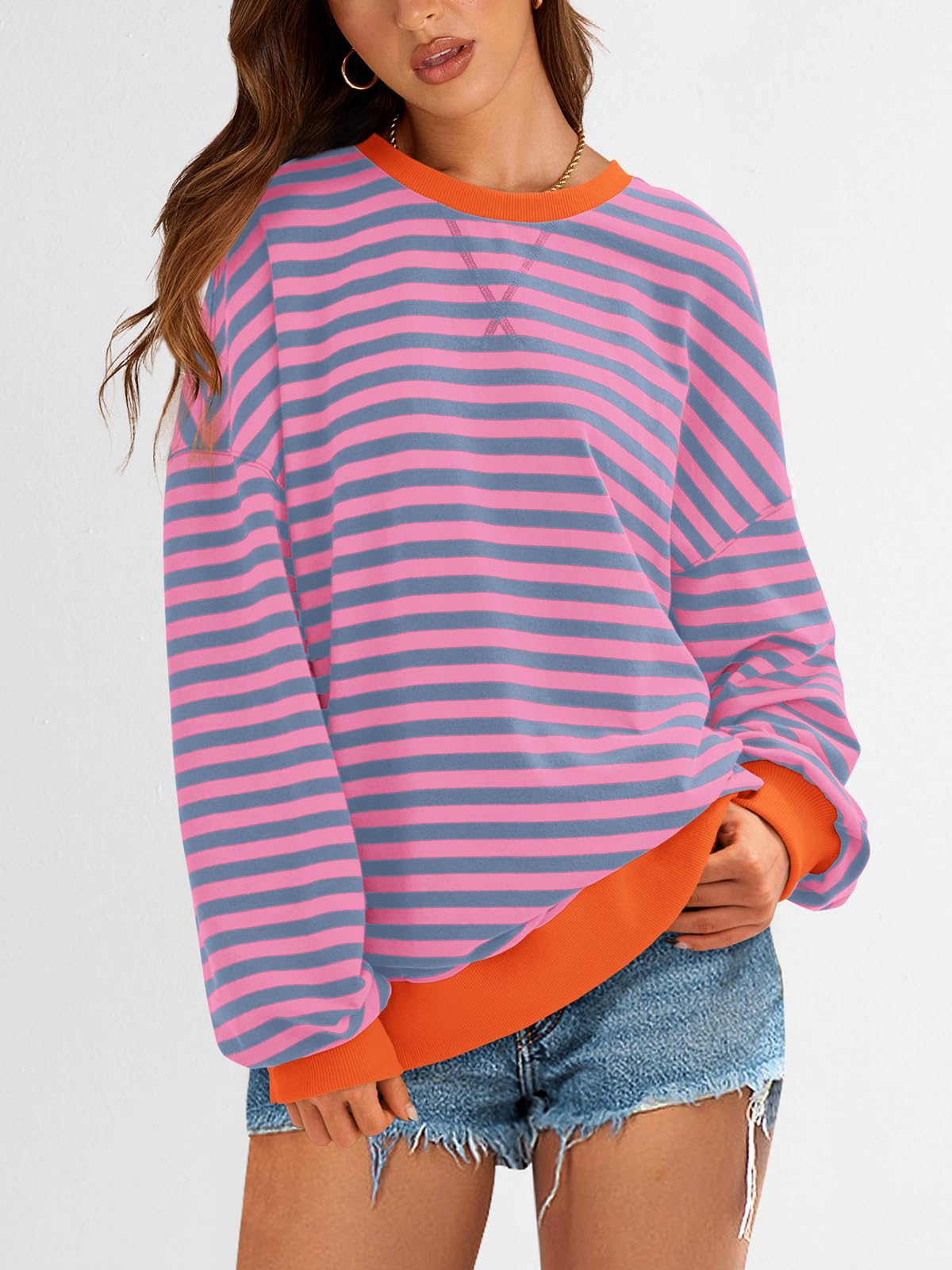 PRETTYGARDEN Womens Striped Oversized Sweatshirt Color Block Crew Neck Long Sleeve Casual Loose Pullover Top Y2K Clothes