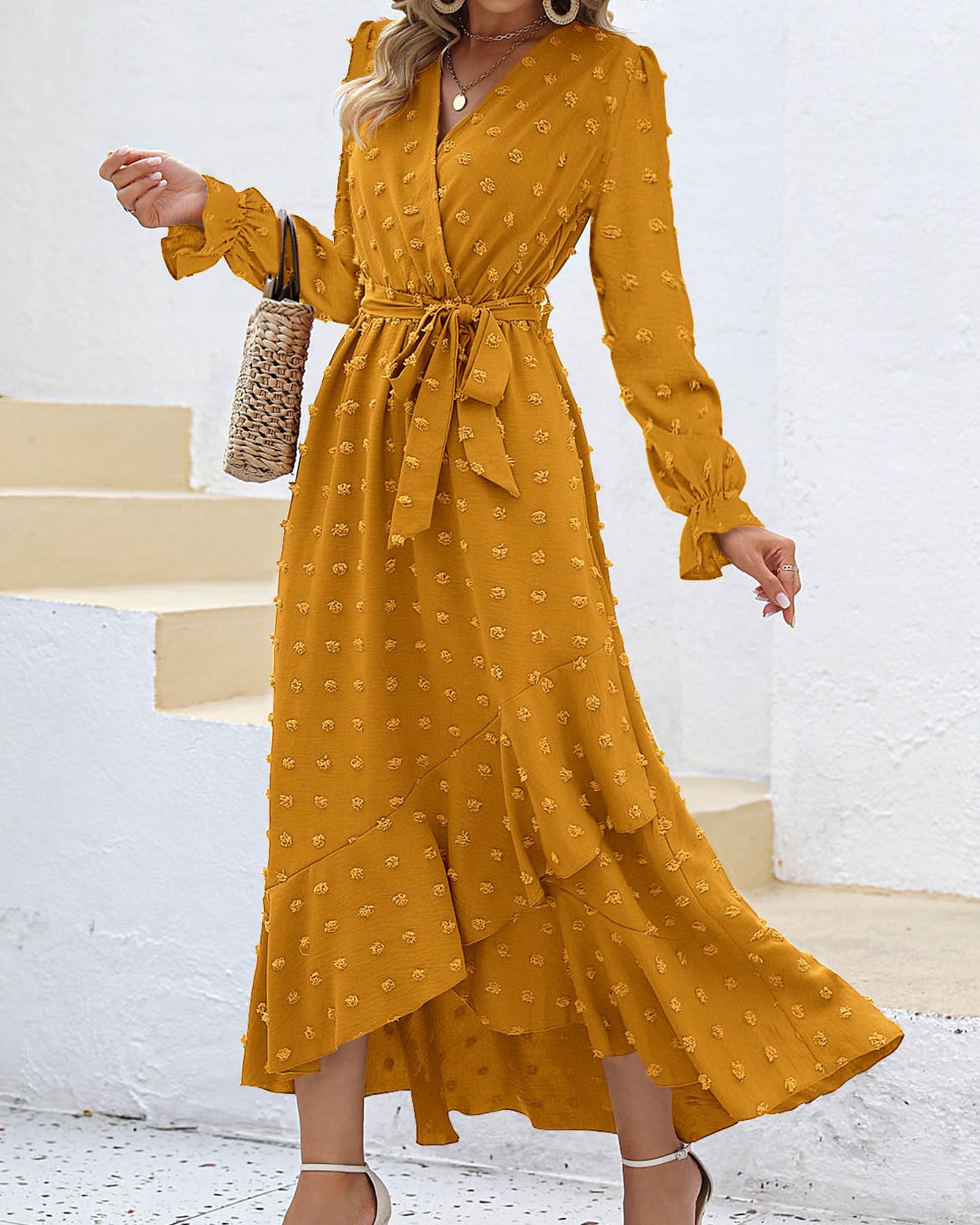 FreshPretty Long Sleeve Maxi Dresses for Women V Neck Swiss Dot Boho Flowy Slit Cocktail Wedding Guest Dress Fall Clothes
