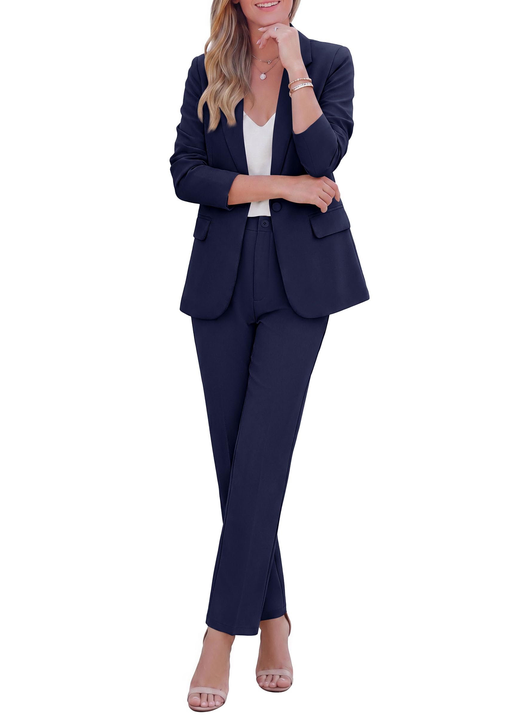 PRETTYGARDEN Two Piece Sets for Women Dressy Pant Suits Lapel Blazer,Straight Leg Dress Pants,Professional Interview Suit Set,Business Casual Outfits,Office Work Clothes,Fall Winter