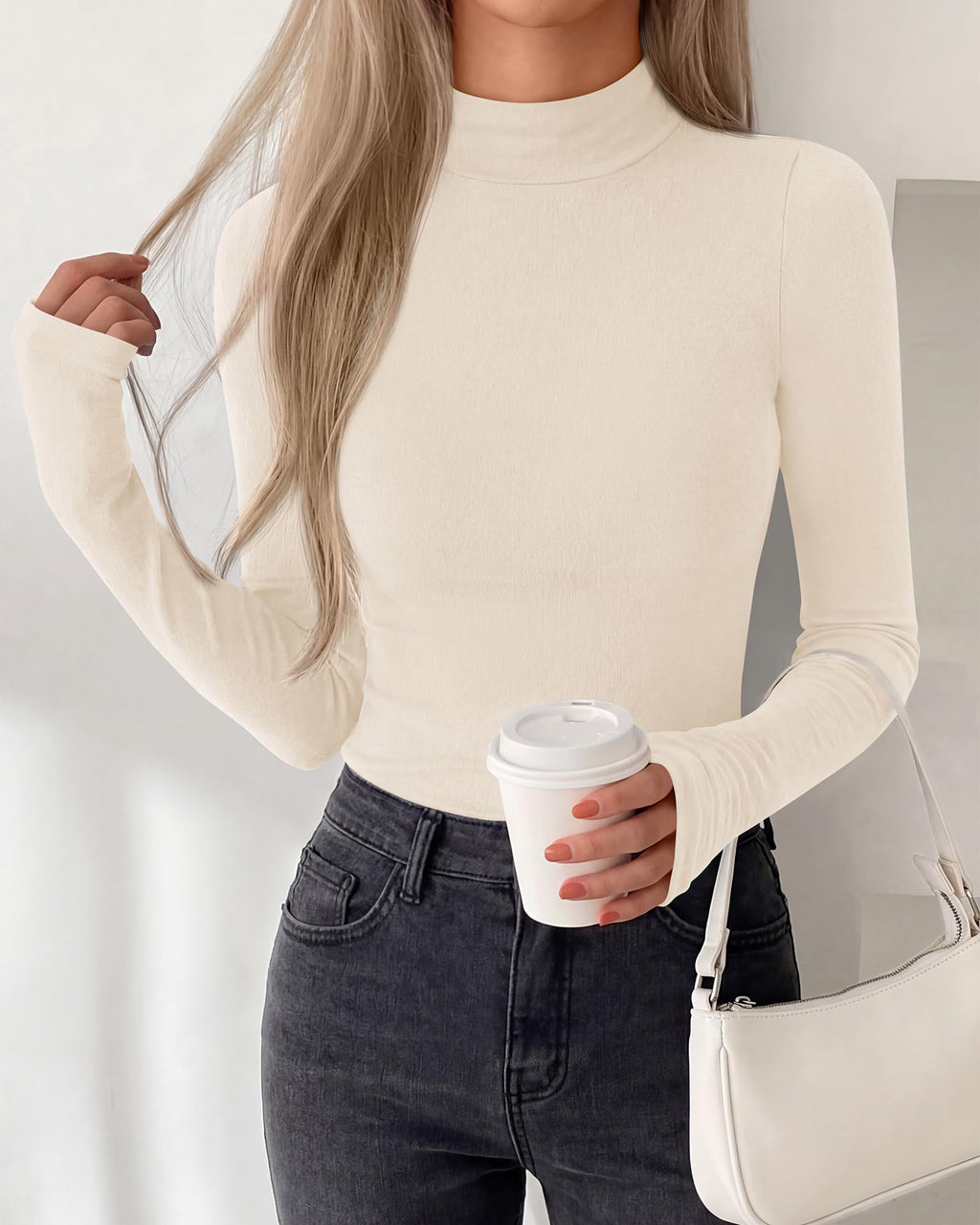 BTFBM Turtleneck Tops for Women Thumbhole Long Sleeve Shirts | Lightweight Fleece Lining, Casual Basic Layering Top, Slim Fit Stretch Winter Thermal Underwear, Fall Fashion Clothing