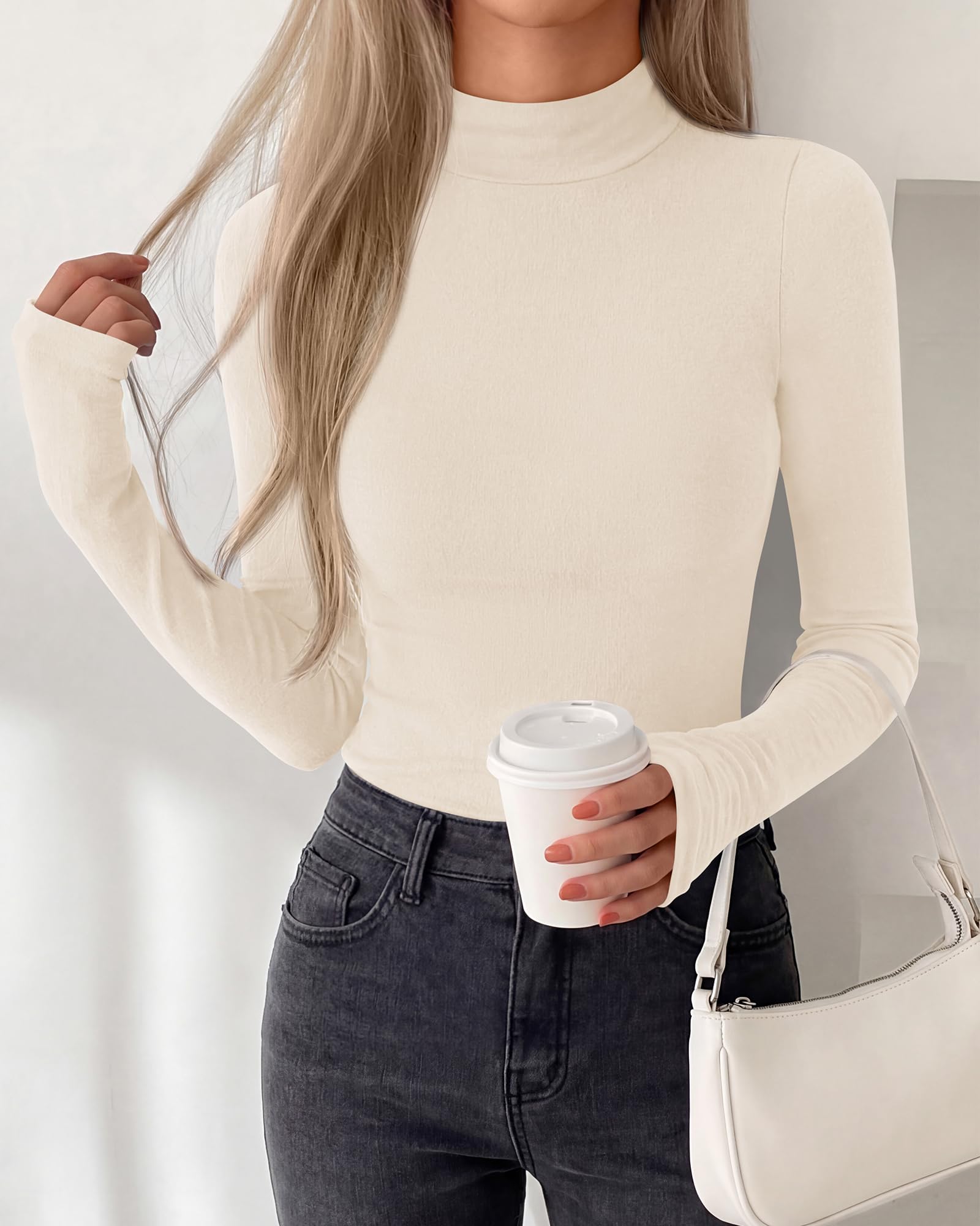 BTFBM Turtleneck Tops for Women Thumbhole Long Sleeve Shirts | Lightweight Fleece Lining, Casual Basic Layering Top, Slim Fit Stretch Winter Thermal Underwear, Fall Fashion Clothing