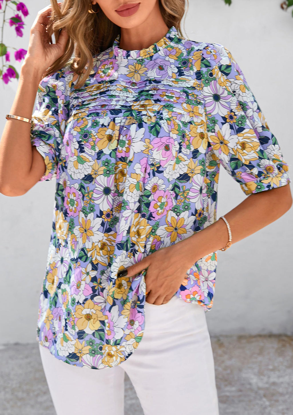 PRETTYGARDEN Floral Tops for Women Blouses Dressy Casual Summer Trendy Outfits Boho Pleated Short Sleeve Shirts