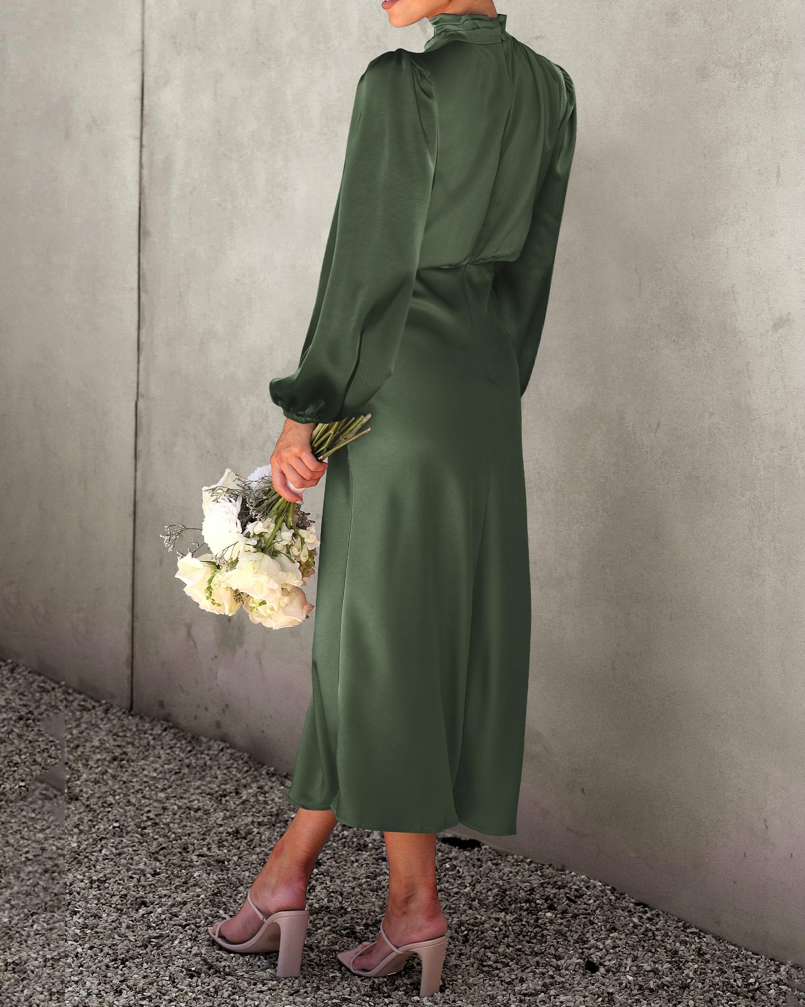 BTFBM Womens Mock Neck Satin Dress Spring Summer Long Sleeve Lightweight Formal Wedding Party Maxi Cocktail Dresses