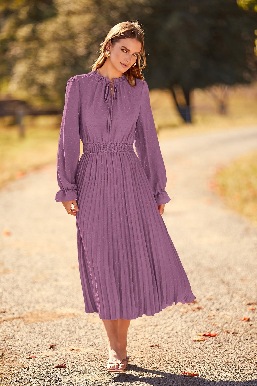 PRETTYGARDEN Women's Spring Fall Midi Dress Casual Long Sleeve V Neck Swiss Dot Pleated A Line Flowy Dresses