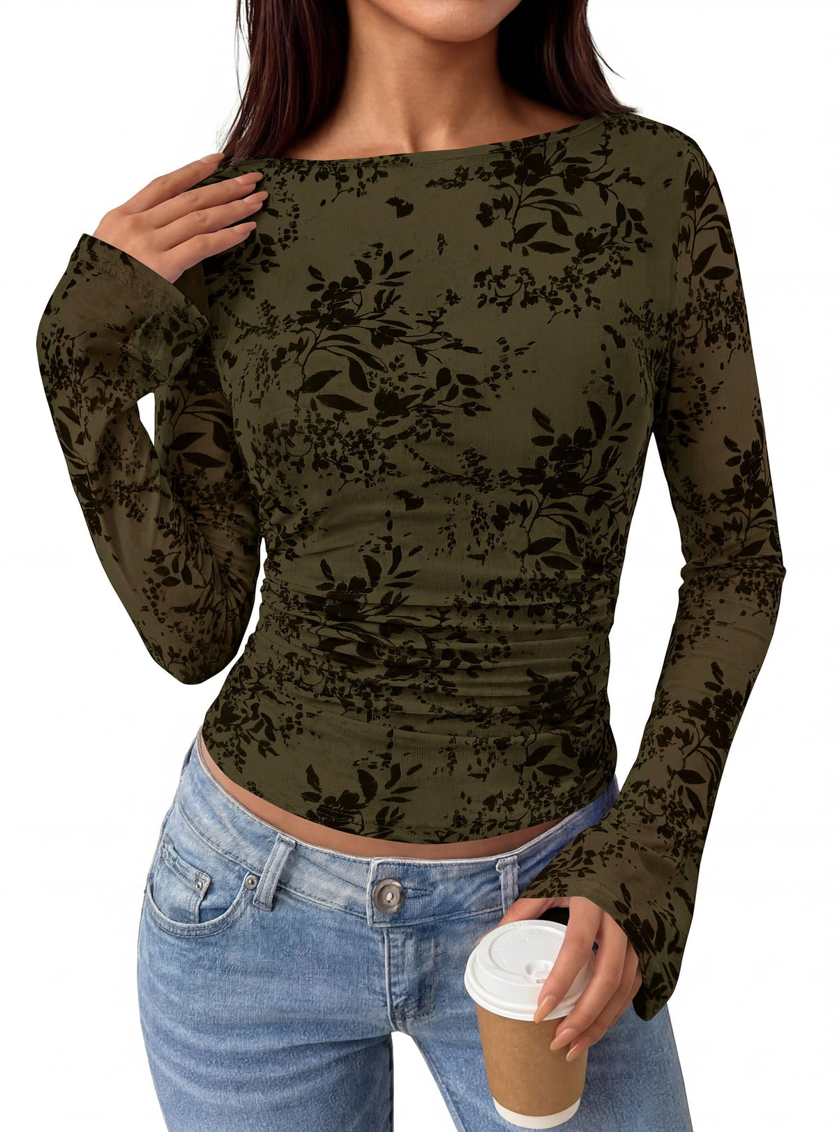 PRETTYGARDEN Women's Bell Sleeve Floral Mesh Crop Tops