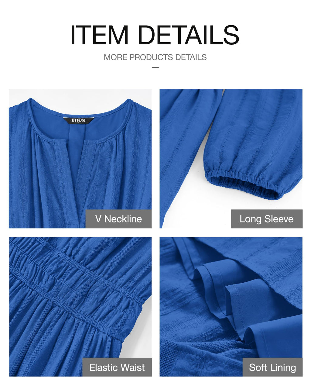 BTFBM Spring Dresses for Women 2026 Casual Long Sleeve V Neck Elastic Waist Lightweight Maxi Wedding Guest Dress Pockets