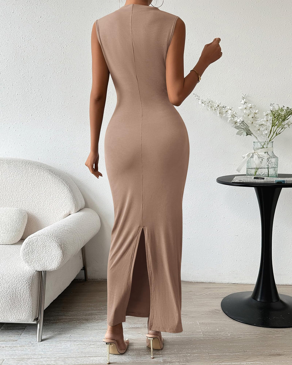 BTFBM Women's Ruched Bodycon Dress Summer Casual Sleeveless Lightweight Back Slit Elegant Club Party Cocktail Maxi Dresses