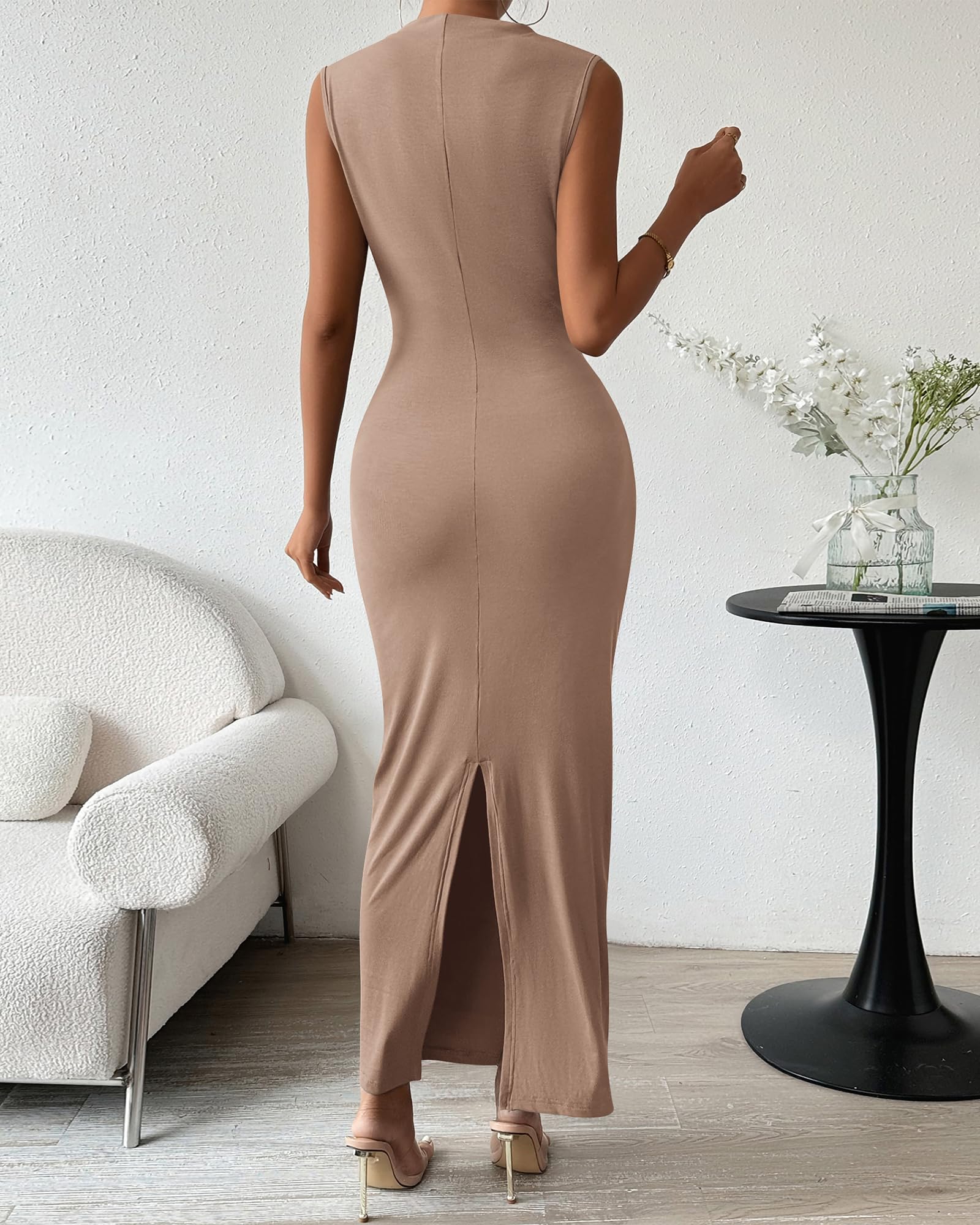BTFBM Women's Ruched Bodycon Dress Summer Casual Sleeveless Lightweight Back Slit Elegant Club Party Cocktail Maxi Dresses