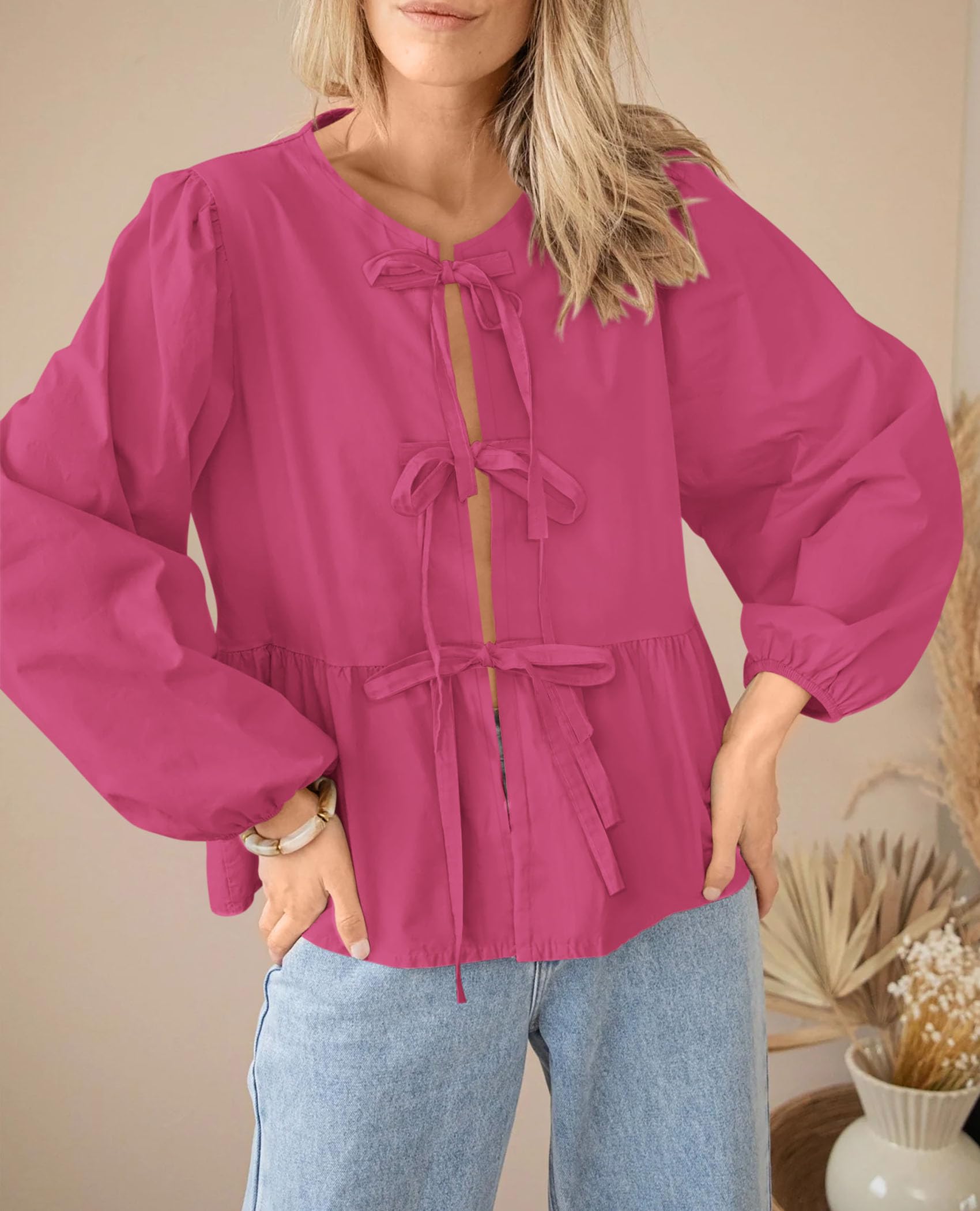 PRETTYGARDEN Women's Spring Fall Babydoll Peplum Blouse Shirt Puff Long Sleeve Bow Tie Front Trendy Cute Y2K Going Out Tops