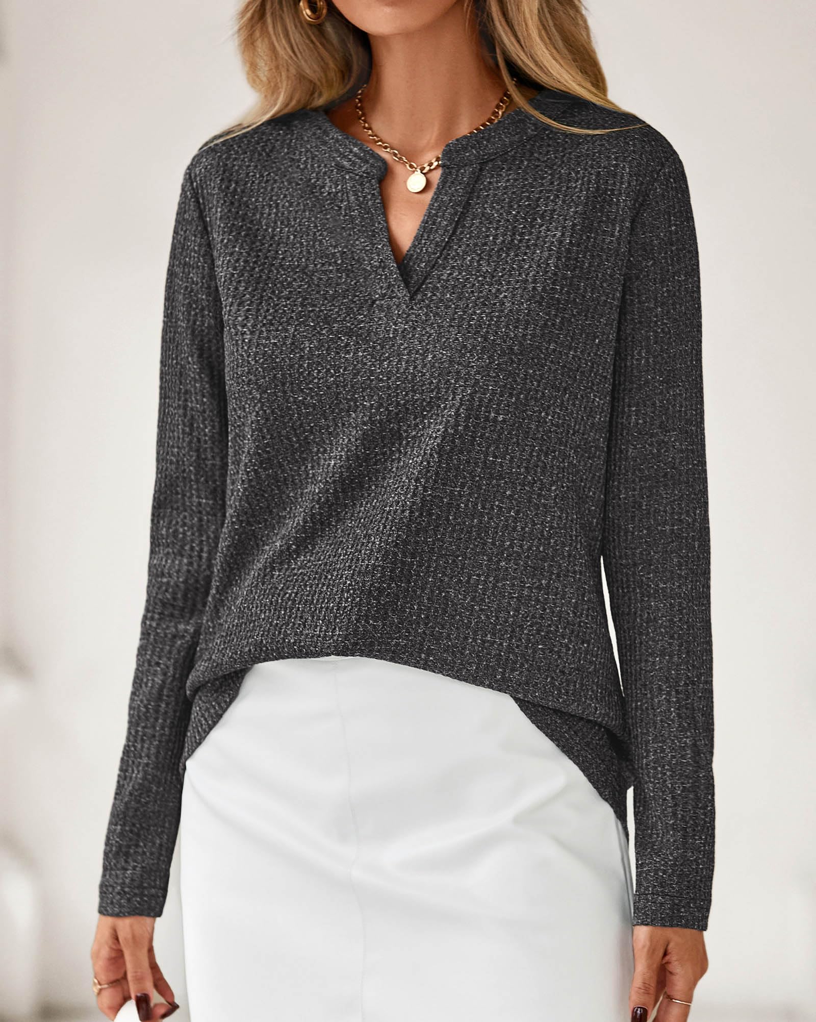 FreshPretty Waffle Knit Tops V Neck Long Sleeve Blouses for Women Dressy Casual Henley Work Shirts Spring Fall Clothes