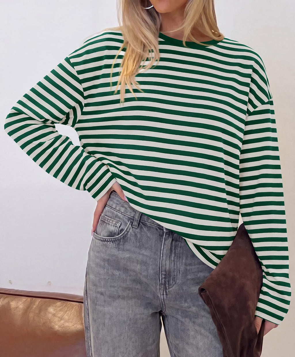 BTFBM Womens Long Sleeve Tops Fall Fashion | Lightweight, Crew Neck, Oversized Striped Shirt Women, Y2k Clothes, Vacation Travel Outfits, Going Out Top, Winter Layering