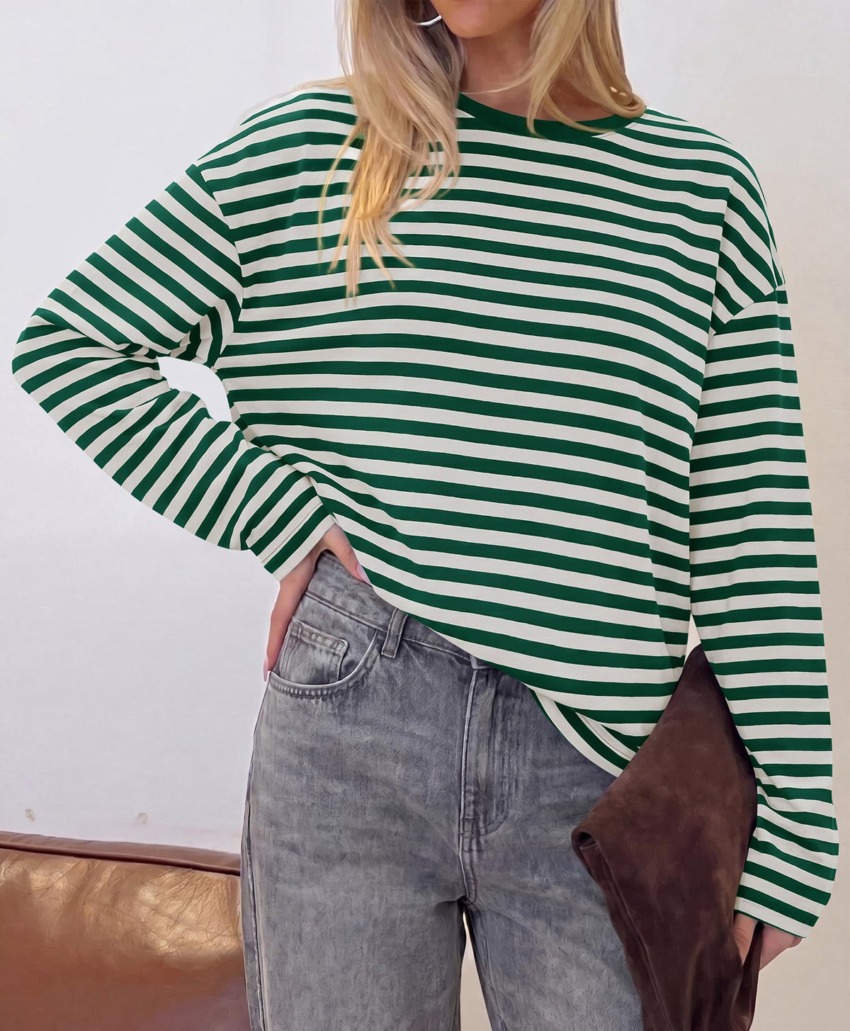 BTFBM Womens Long Sleeve Tops Fall Fashion | Lightweight, Crew Neck, Oversized Striped Shirt Women, Y2k Clothes, Vacation Travel Outfits, Going Out Top, Winter Layering