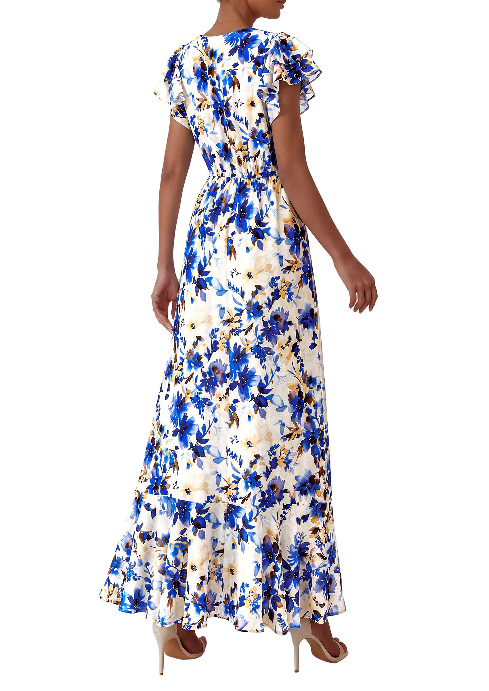 PRETTYGARDEN Womens Summer Floral Maxi Dresses Spring Short Sleeve Ruffle V Neck Flowy Boho Long Beach Vacation Sundress