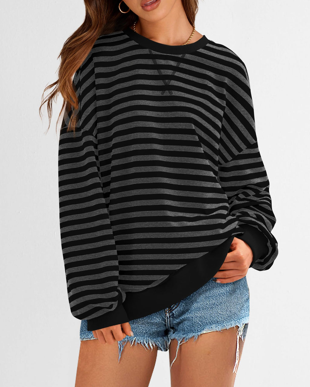 BTFBM Sweatshirt For Women Summer Crewneck Long Sleeve Oversized Striped Pullover Tops Y2K Clothes Workout Shirt