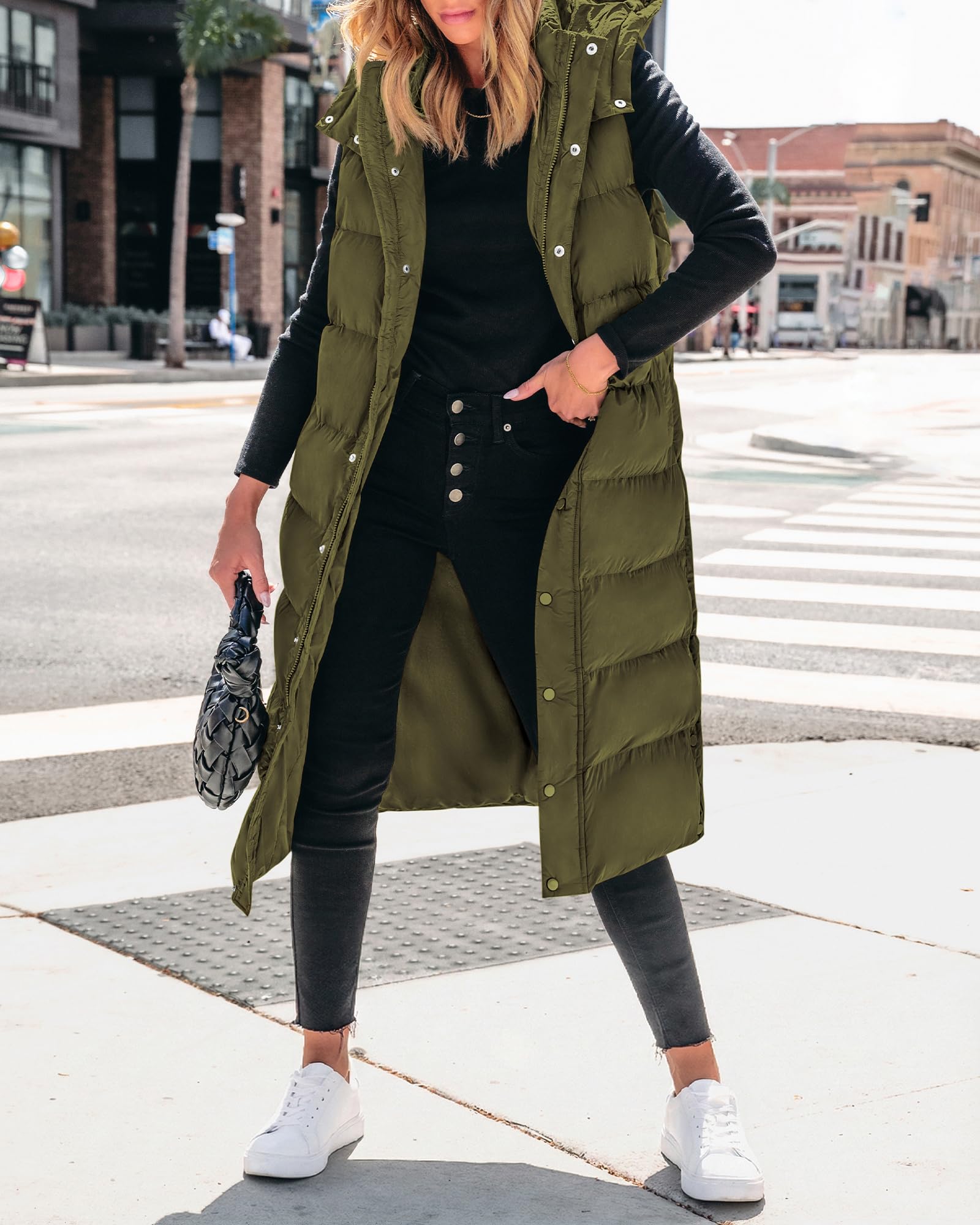 BTFBM Long Puffer Vest Women Quilted Hooded Button Down Zip Up Sleeveless Vests Outerwear Padded Jacket Fall Winter Coat