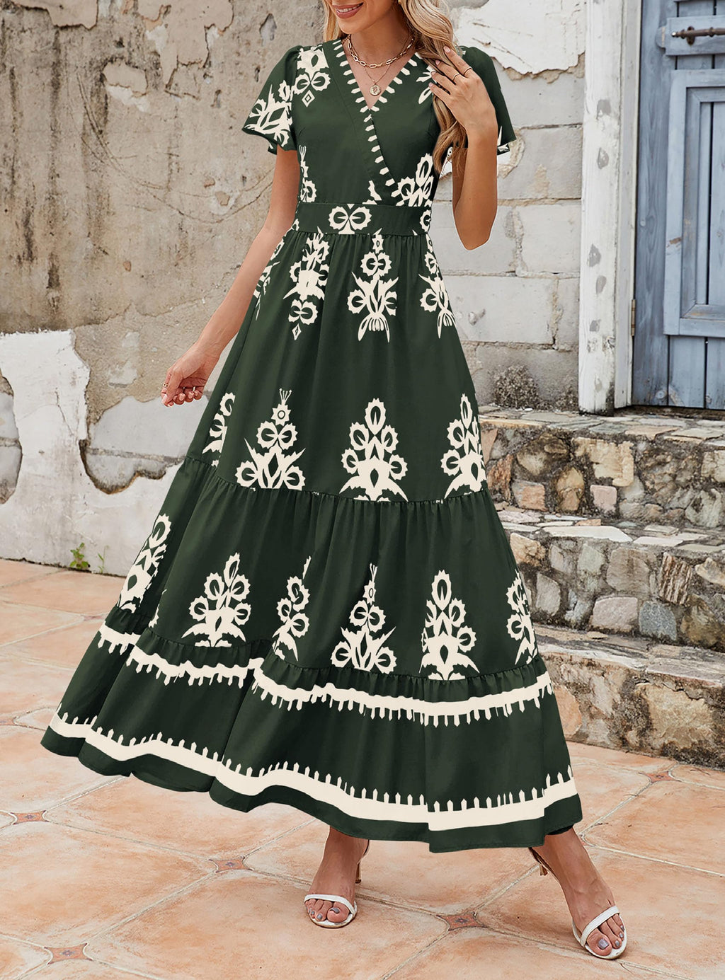 PRETTYGARDEN Womens Summer Casual V Neck Boho Maxi Dress Flowy Aline Bell Sleeve Tiered Floral Dresses with Pocket