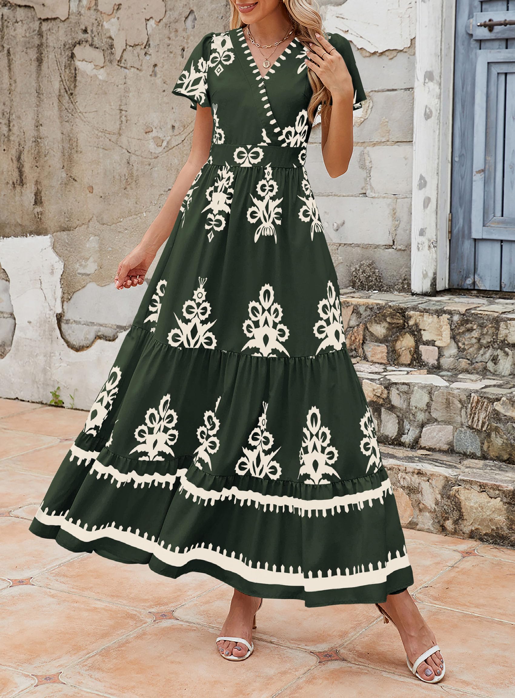 PRETTYGARDEN Womens Summer Casual V Neck Boho Maxi Dress Flowy Aline Bell Sleeve Tiered Floral Dresses with Pocket