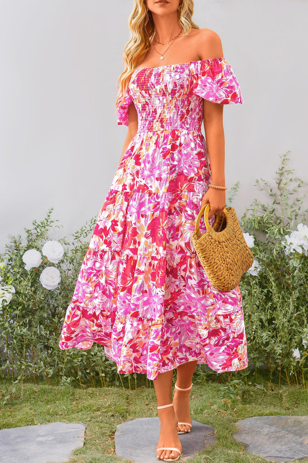 PRETTYGARDEN Women's Casual Summer Midi Dress Puffy Short Sleeve Square Neck Smocked Tiered Ruffle Dresses