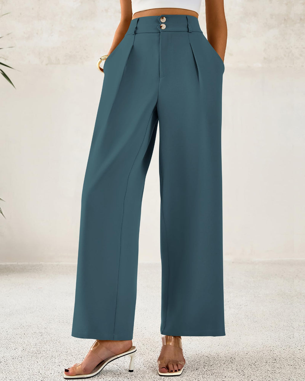 BTFBM Women Wide Leg Dress Pants High Waisted Button Pleated Business Casual Trousers Office Work Palazzo Pants