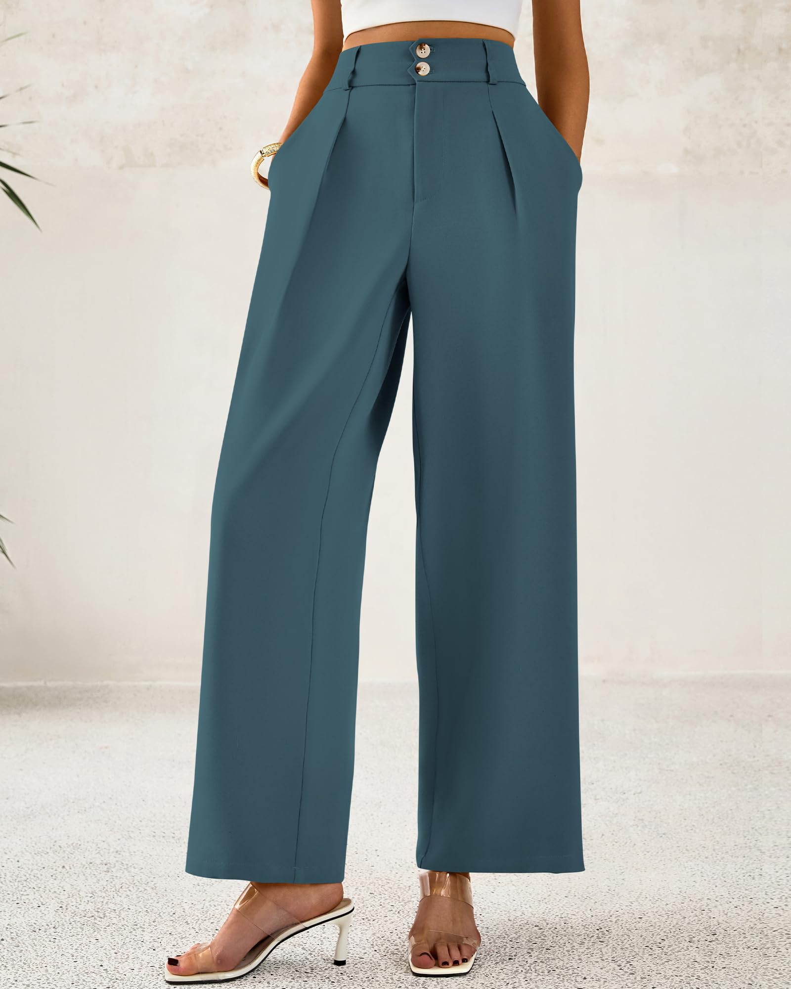 BTFBM Women Wide Leg Dress Pants High Waisted Button Pleated Business Casual Trousers Office Work Palazzo Pants