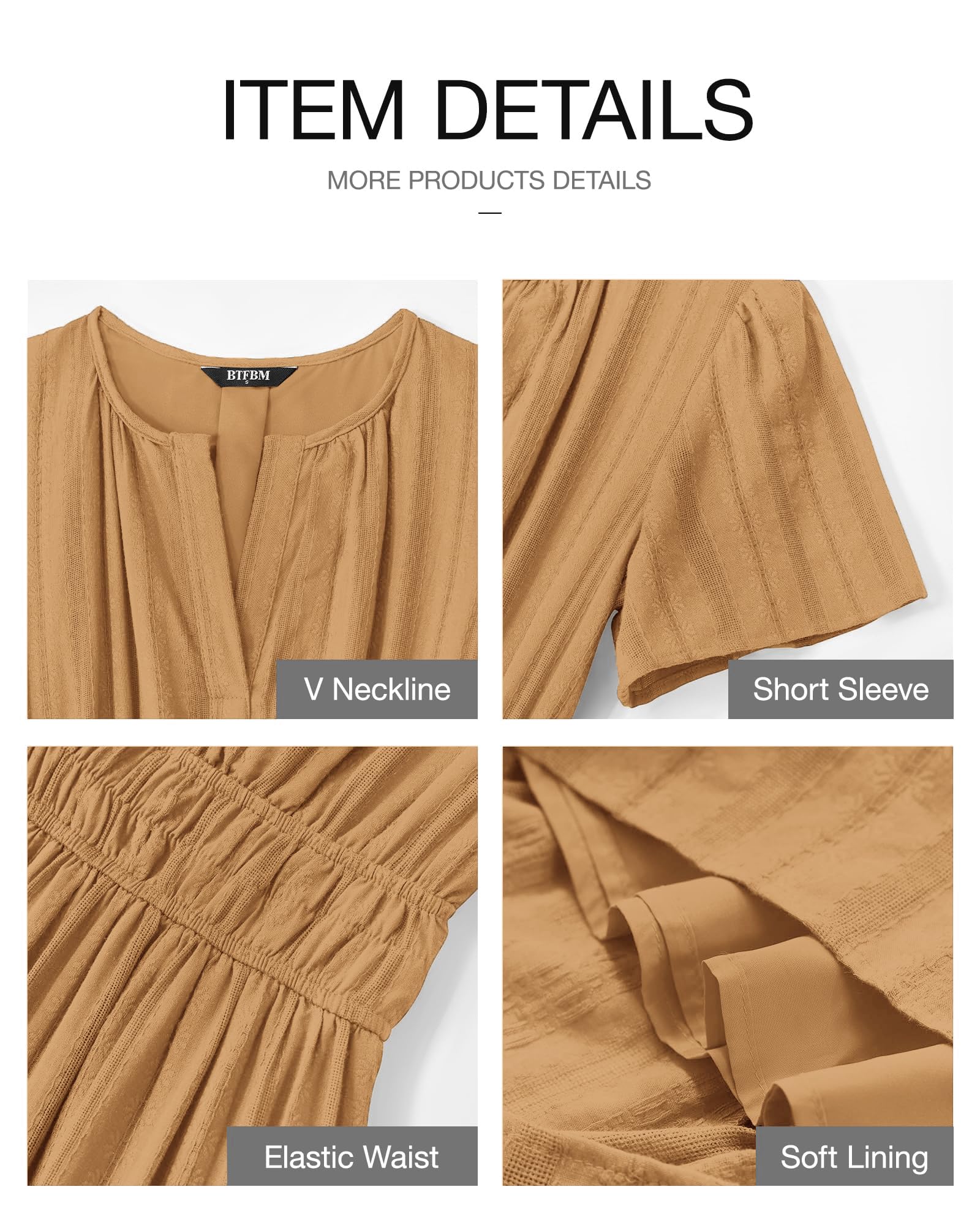 BTFBM Womens Summer Casual Midi Maxi Dresses Lightweight Short Sleeve V Neck Elastic Waist Boho Beach Dress Pockets