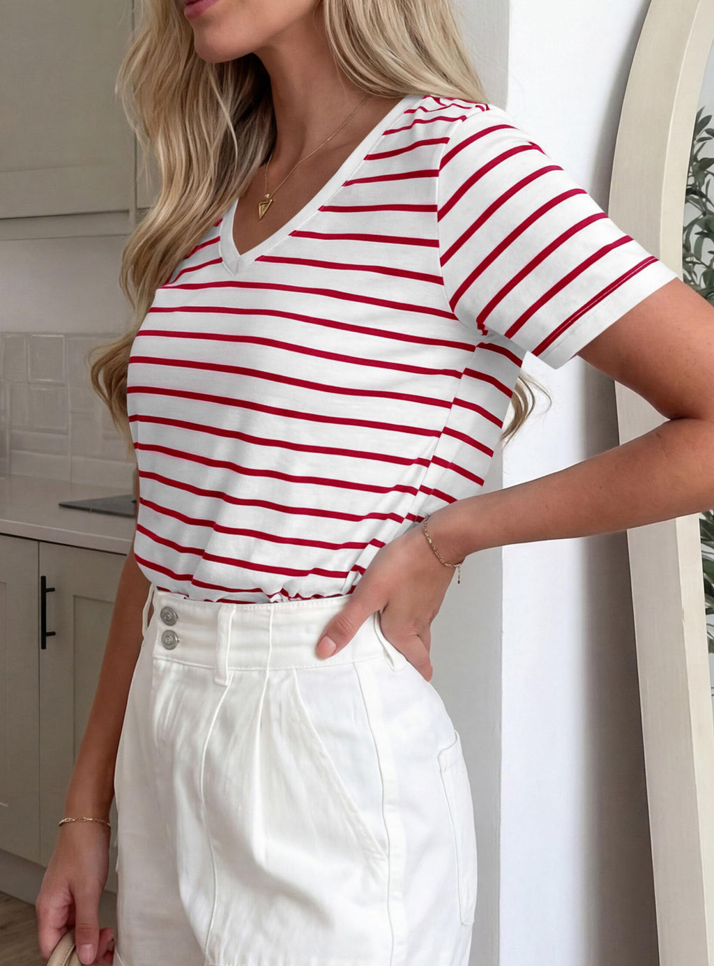 PRETTYGARDEN Short Sleeve Shirts for Women Spring V Neck Cute Tops Casual Striped Shirt Knitted Tees Summer Outfits