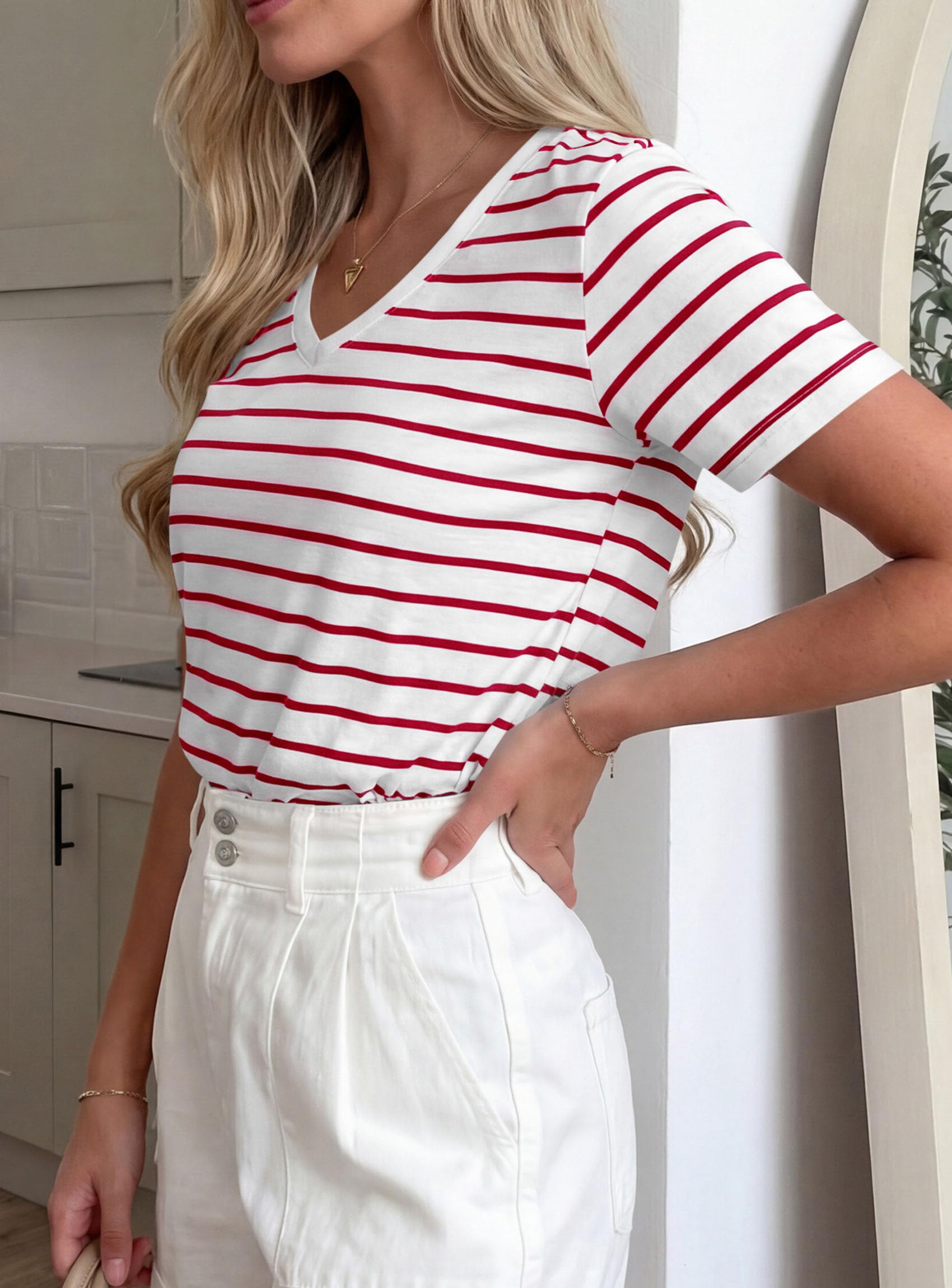 PRETTYGARDEN Short Sleeve Shirts for Women Spring V Neck Cute Tops Casual Striped Shirt Knitted Tees Summer Outfits