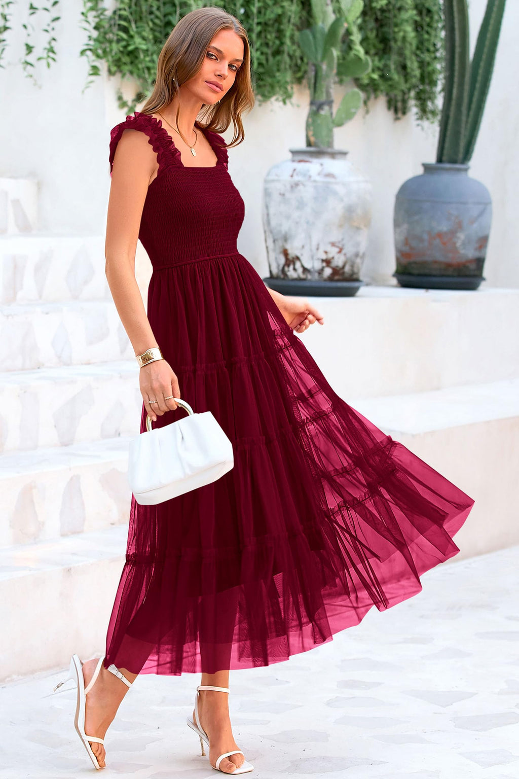 PRETTYGARDEN Women's Summer Tulle Midi Dress Sleeveless Smocked Ruffle Flowy Mesh Dresses Party Wedding Guest Sundress