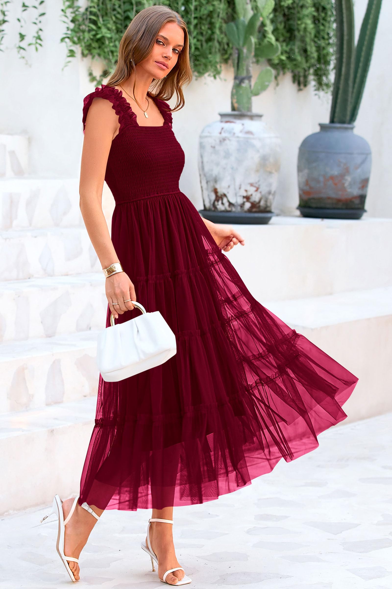 PRETTYGARDEN Women's Summer Tulle Midi Dress Sleeveless Smocked Ruffle Flowy Mesh Dresses Party Wedding Guest Sundress