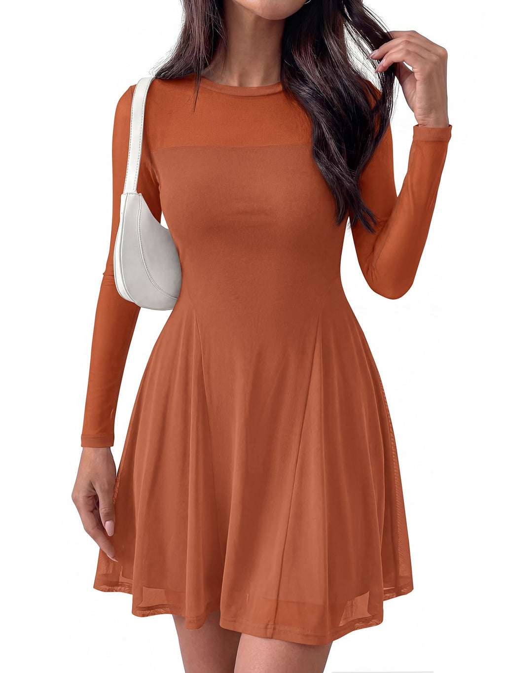 BTFBM Women’s Mini Dress Sheer Mesh Long Sleeve Crew Neck Flowy A Line Casual Cocktail Party Going Out Dresses Fall