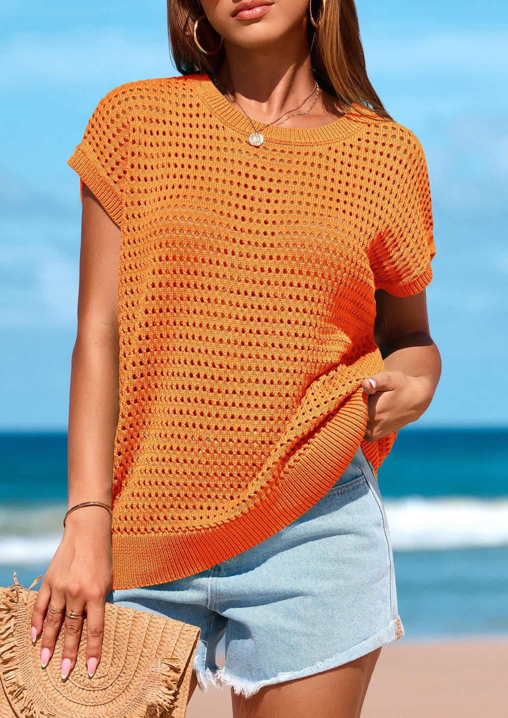 PRETTYGARDEN Womens Spring Tops Summer Shirts Crochet Cap Sleeve Sweater Pullover Cute Beach Vacation Clothes