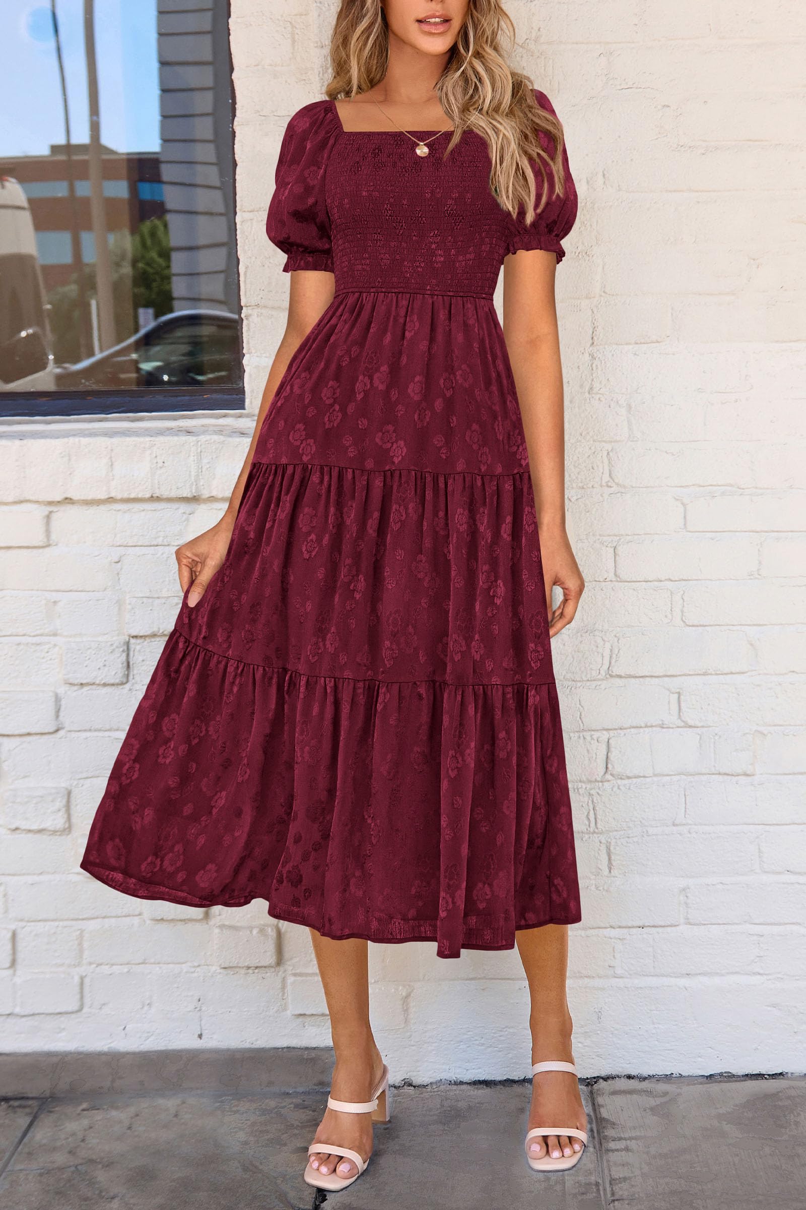 PRETTYGARDEN Women's Summer Casual Midi Dresses Square Neck Short Sleeve Smocked A Line Floral Flowy Elegant Boho Dress