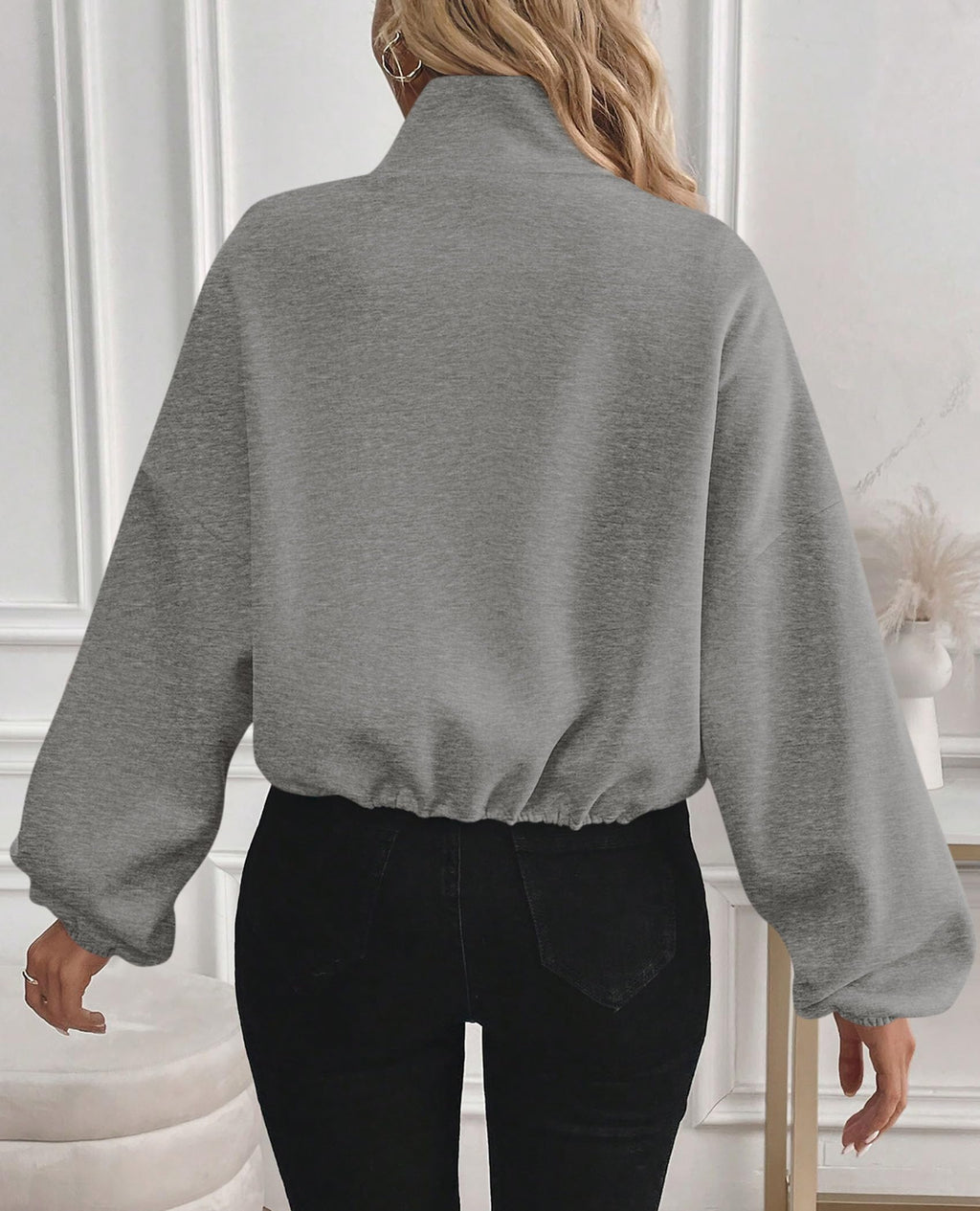 PRETTYGARDEN Womens Zip Up Fleece Cropped Sweatshirt Jacket Oversized Loose Soft Stand Collar with Drawstring Hem, Long Sleeve Casual Coat With Pockets, Fall Outfits Winter Clothing