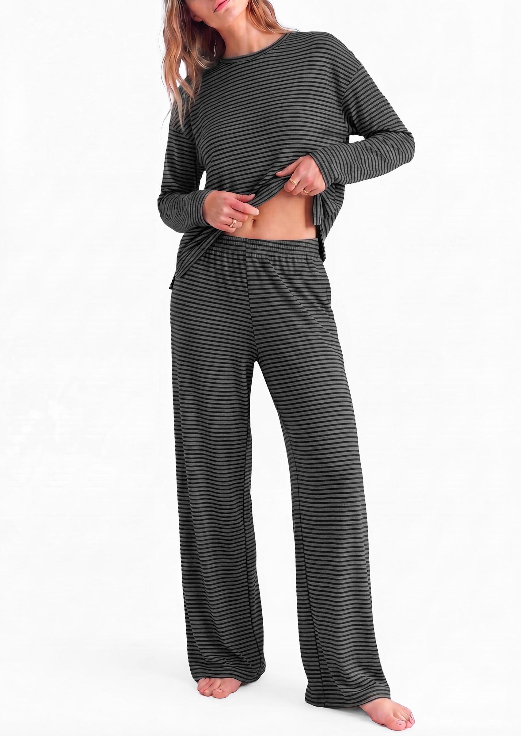PRETTYGARDEN Womens Striped Lounge Set Fall Winter 2 Piece Sets Side Slit Long Sleeve T-Shirts & Wide Leg Pants, Matching Pajama Sets, Comfy Pj Set, Loungewear with Pockets, Fashion Clothes