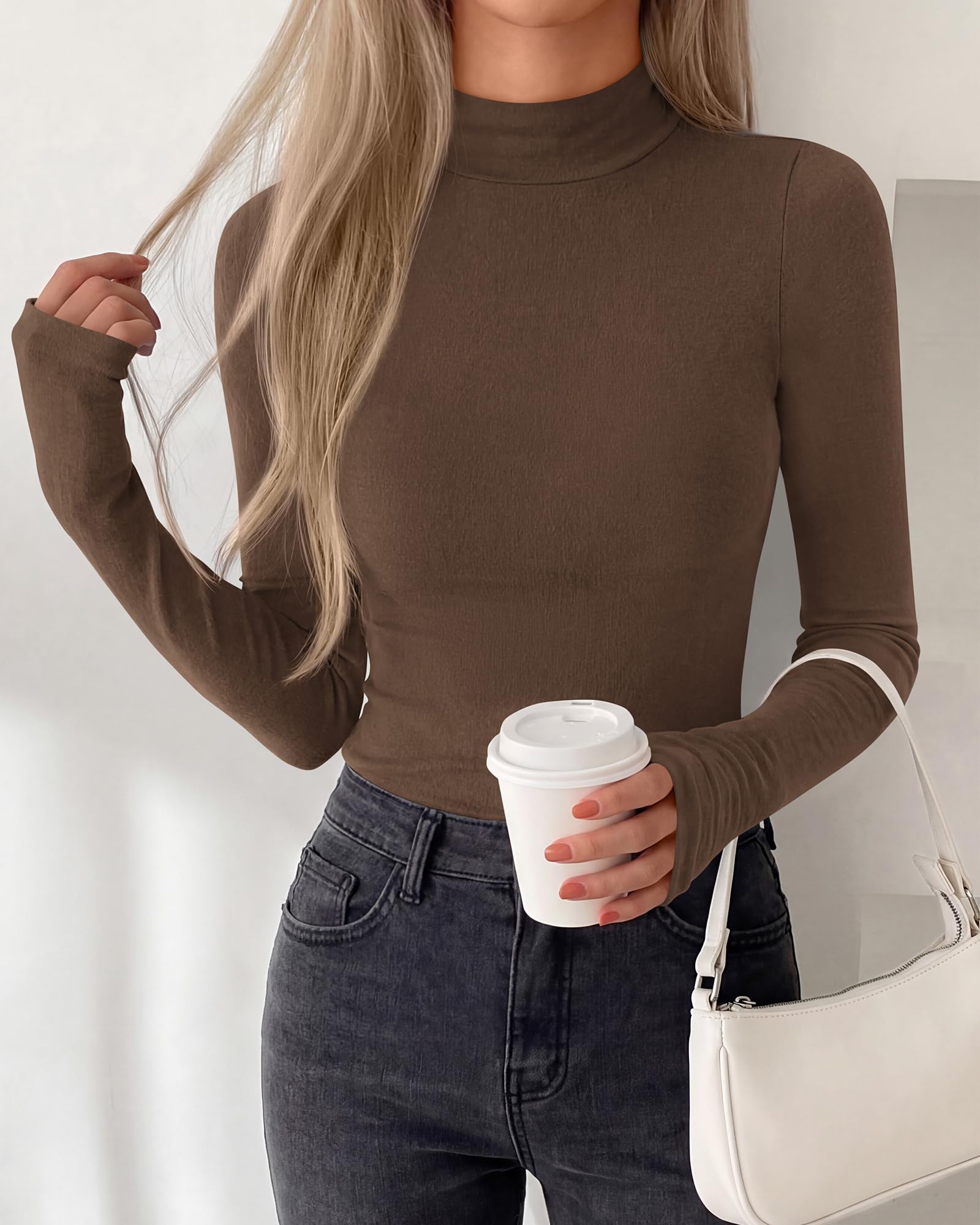 BTFBM Turtleneck Tops for Women Thumbhole Long Sleeve Shirts | Lightweight Fleece Lining, Casual Basic Layering Top, Slim Fit Stretch Winter Thermal Underwear, Fall Fashion Clothing