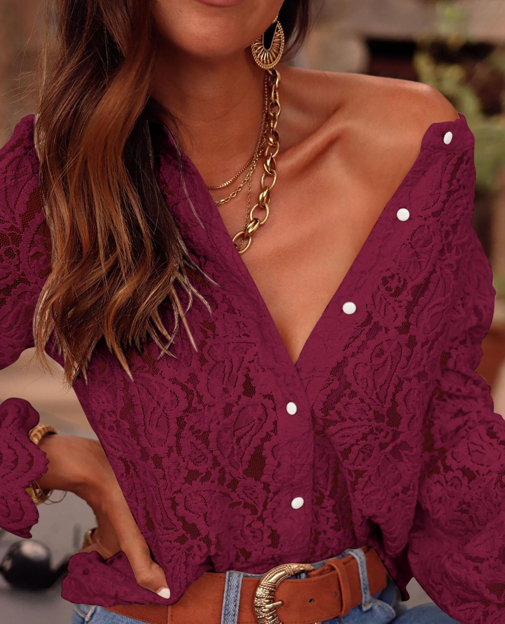 PRETTYGARDEN Women's Dressy Casual Lace Blouse Long Sleeve Button Up Shirts Tops Spring Fall Fashion Clothes