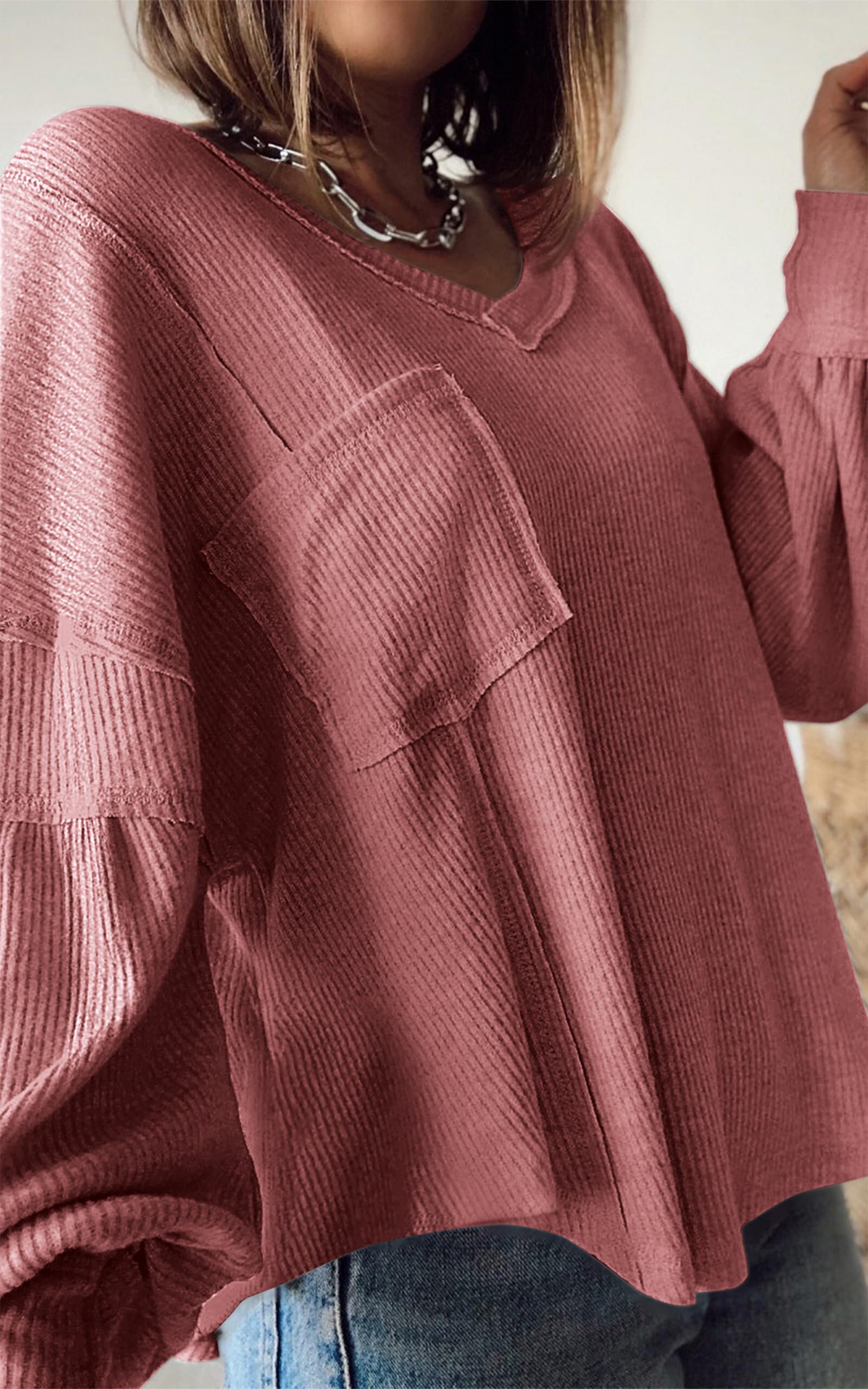 FreshPretty Womens Fall Fashion Long Sleeve Shirts Casual V Neck Ribbed Knit Blouses Pullover Trendy Loose Fit Tunic Tops