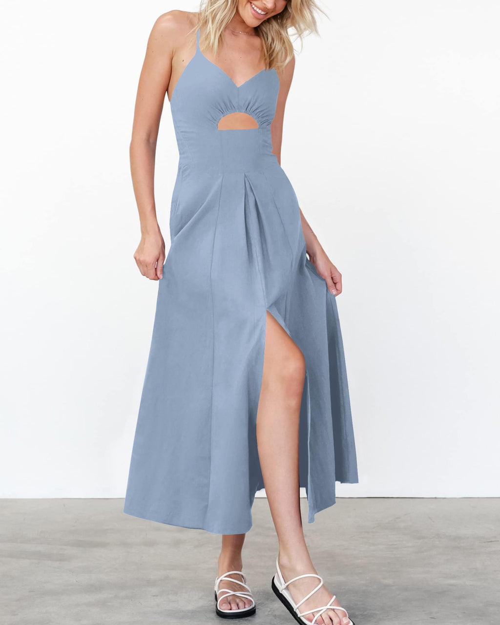 BTFBM Women Spaghetti Strap Midi Summer Dresses Sleeveless V Neck Cutout Slit Casual Beach Party Maxi Dress Pockets