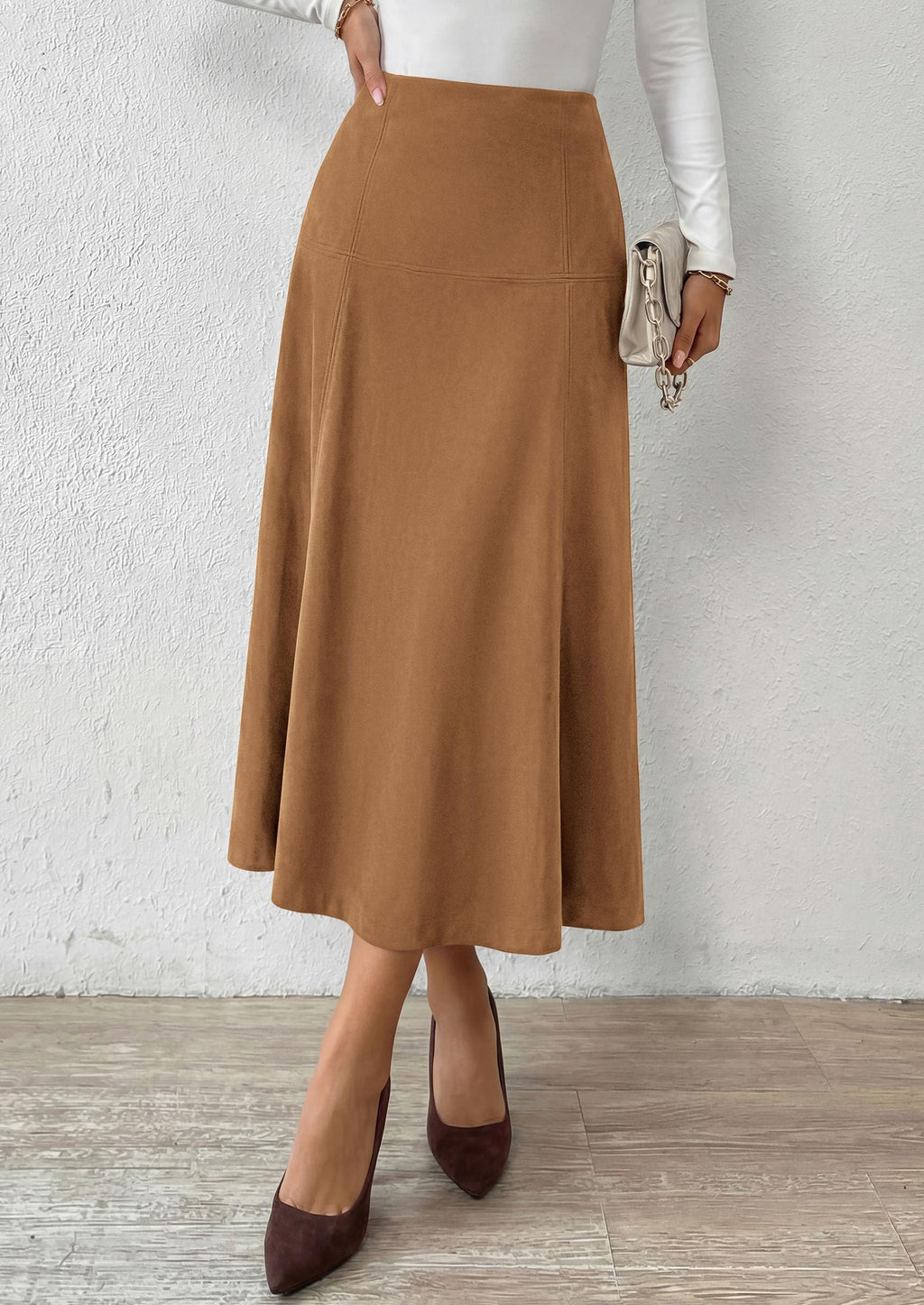 PRETTYGARDEN Womens High Waist Faux Suede A Line Midi Skirt | Hidden Stretch Elastic Waist, Front Back Panel Stitching, Vintage Elegant Mid-Calf Long Skirts for Fall Winter Office Daily