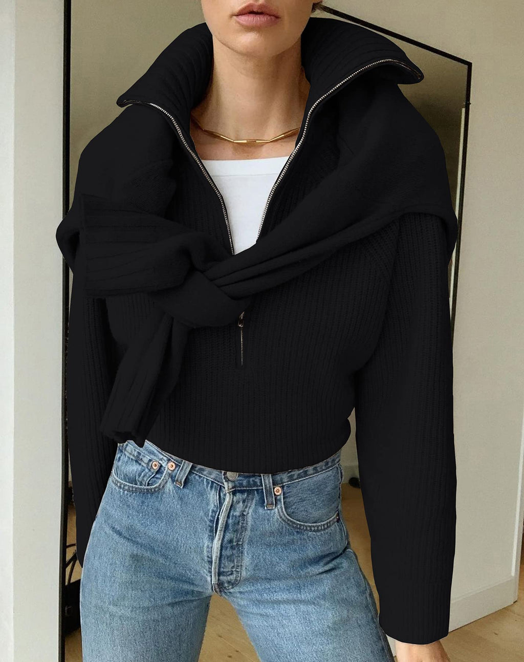 BTFBM Womens Sweaters Quarter Zip Pullover V Neck Collar Long Sleeve Ribbed Knit Loose Casual Winter Fall Sweater