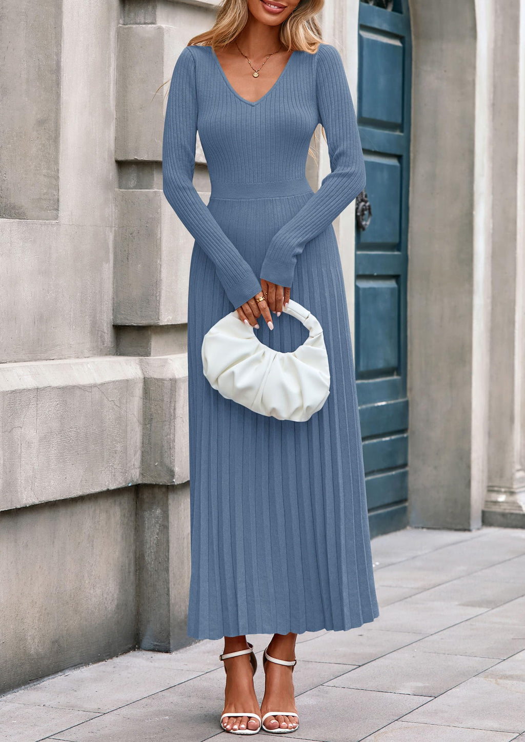 PRETTYGARDEN Women Sweater Dress Fall Fashion Long Sleeve V Neck Ribbed Knit Pleated A Line Elegant Maxi Winter Dresses