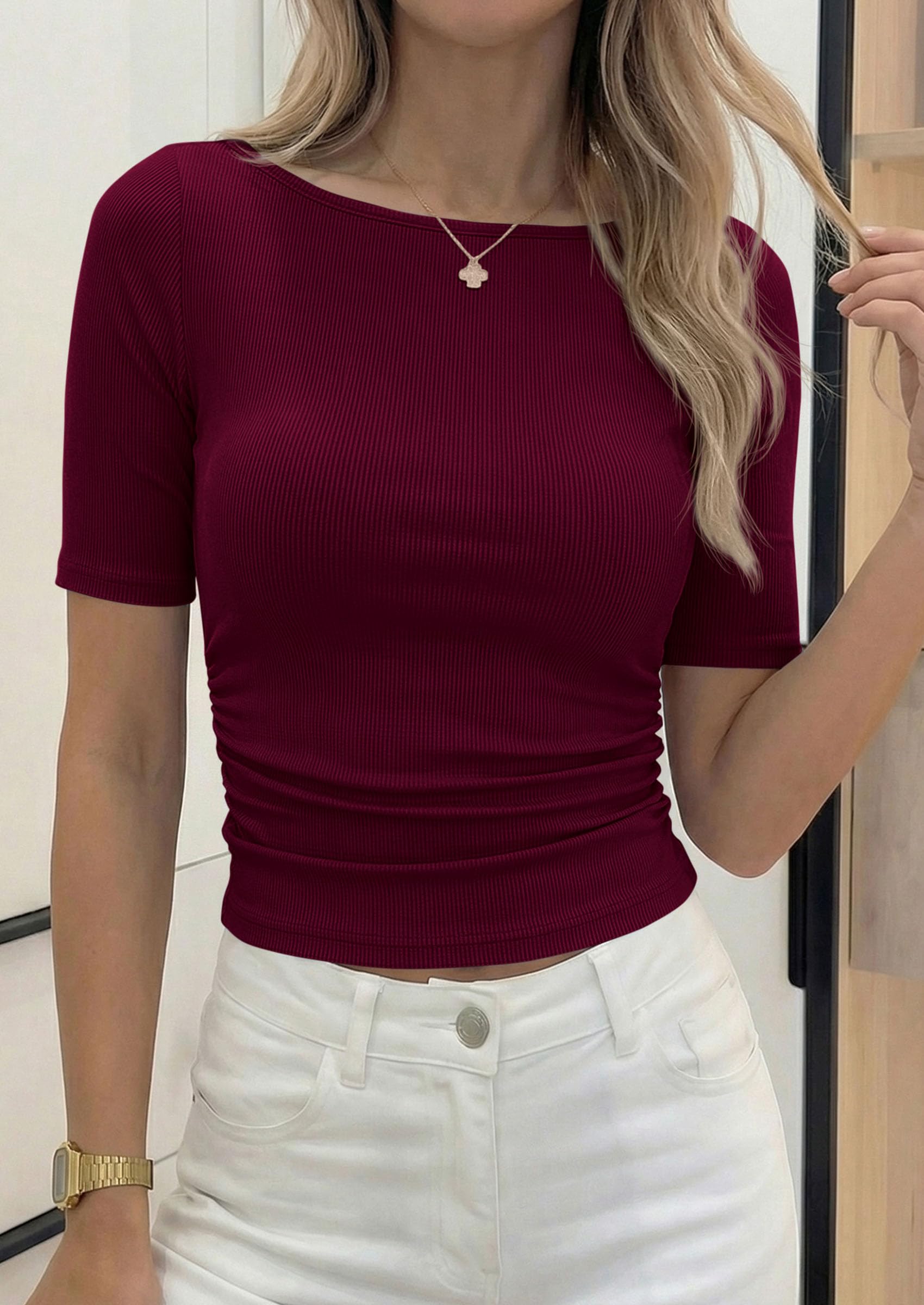 PRETTYGARDEN Womens Summer Short Sleeve Tops Boat Neck Ribbed Knit Slim Fit T Shirt Casual Basic Top Spring Clothes